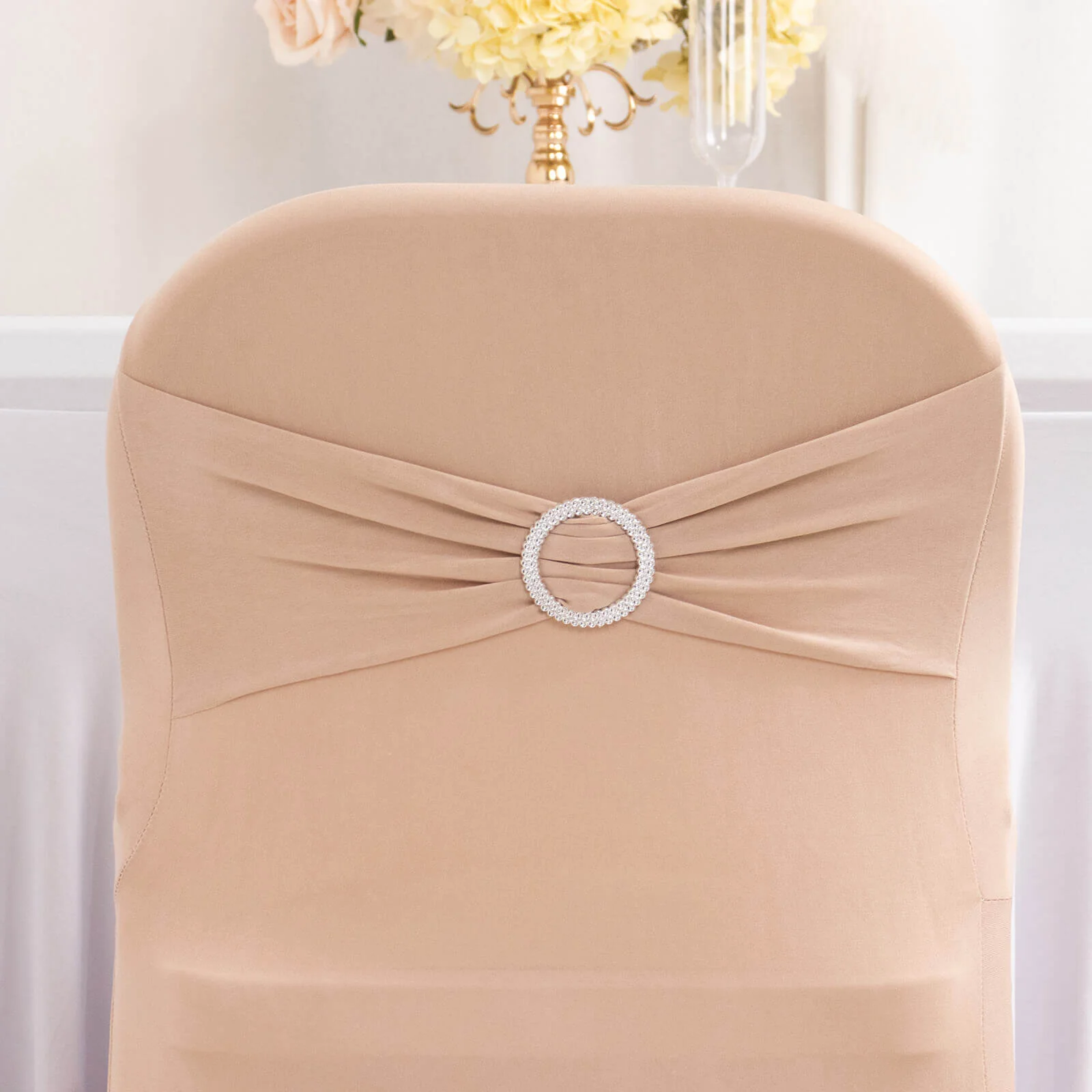 Stretch Spandex Folding Chair Cover Nude - Wrinkle Resistant Fitted Slipcover with Silver Rhinestone Buckled Sash Band Accent - Image 2