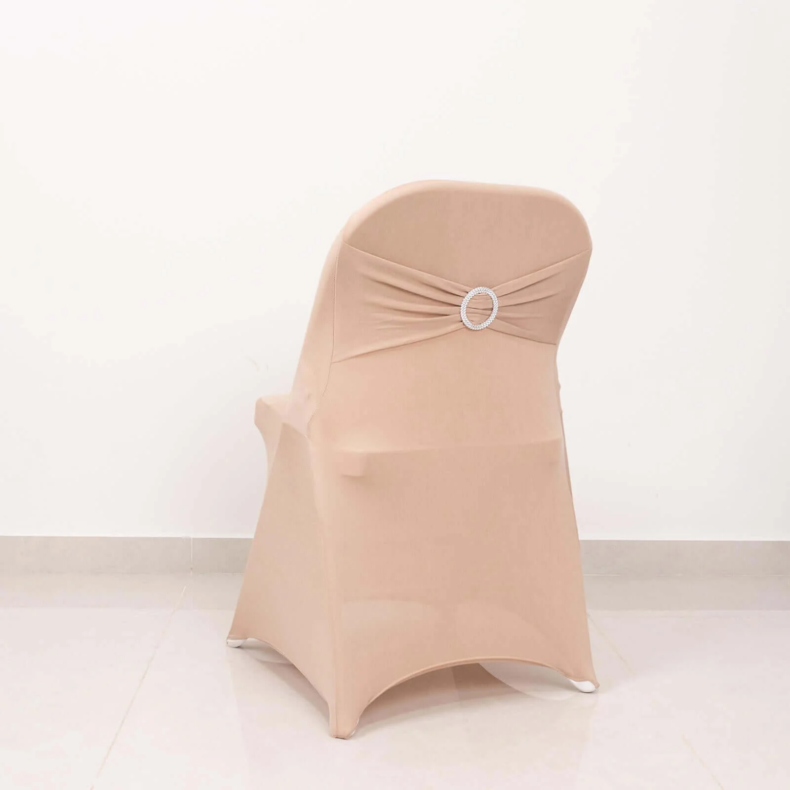 Stretch Spandex Folding Chair Cover Nude - Wrinkle Resistant Fitted Slipcover with Silver Rhinestone Buckled Sash Band Accent - Image 3