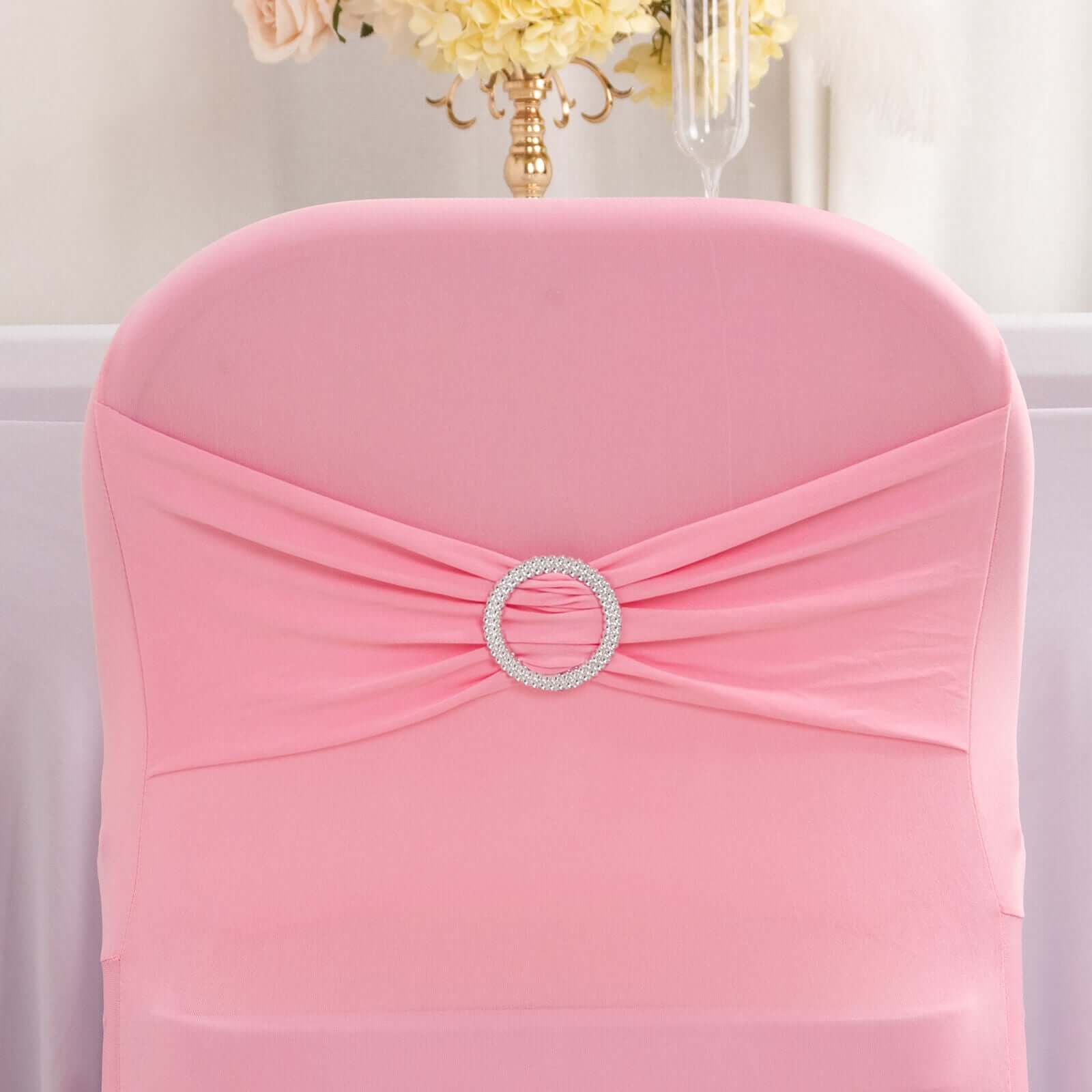 Stretch Spandex Folding Chair Cover Pink - Wrinkle Resistant Fitted Slipcover with Silver Rhinestone Buckled Sash Band Accent - Image 2