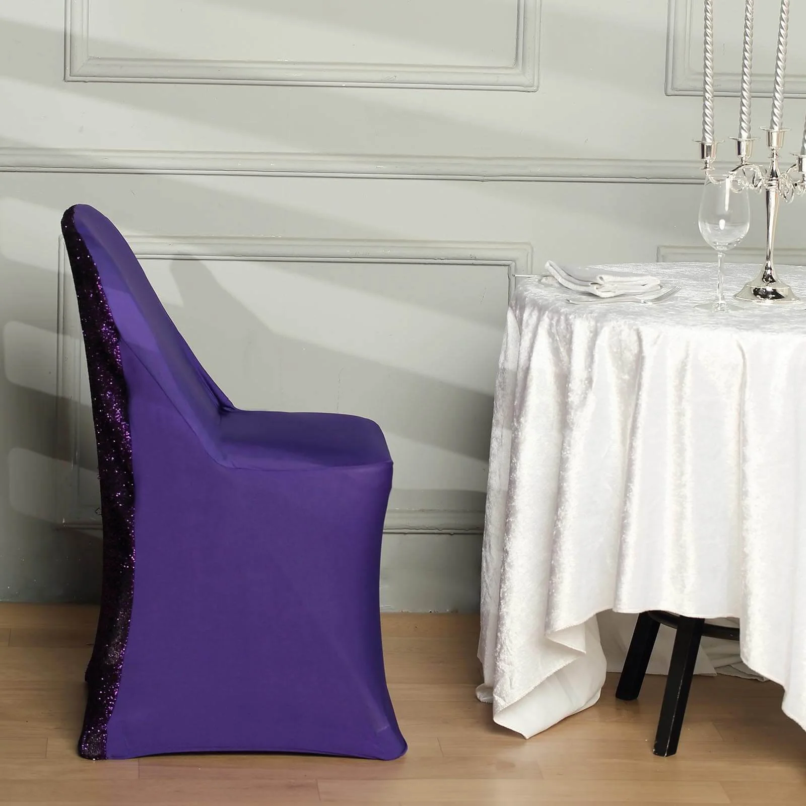 Stretch Spandex Folding Chair Cover Purple with Metallic Shimmer Tinsel Back Design - Durable Fitted Slipcover with Foot Pockets - Image 2