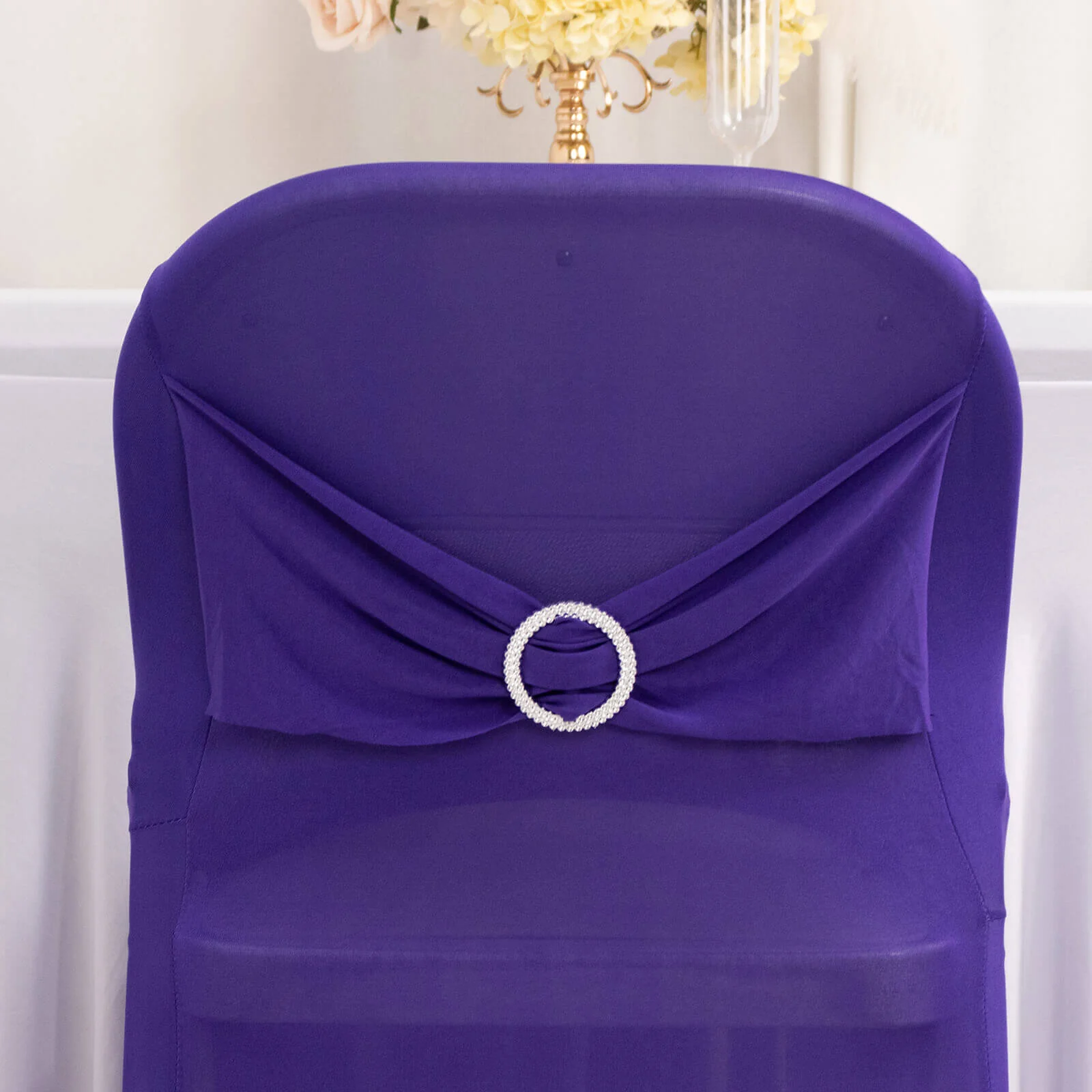Stretch Spandex Folding Chair Cover Purple - Wrinkle Resistant Fitted Slipcover with Silver Rhinestone Buckled Sash Band Accent - Image 2