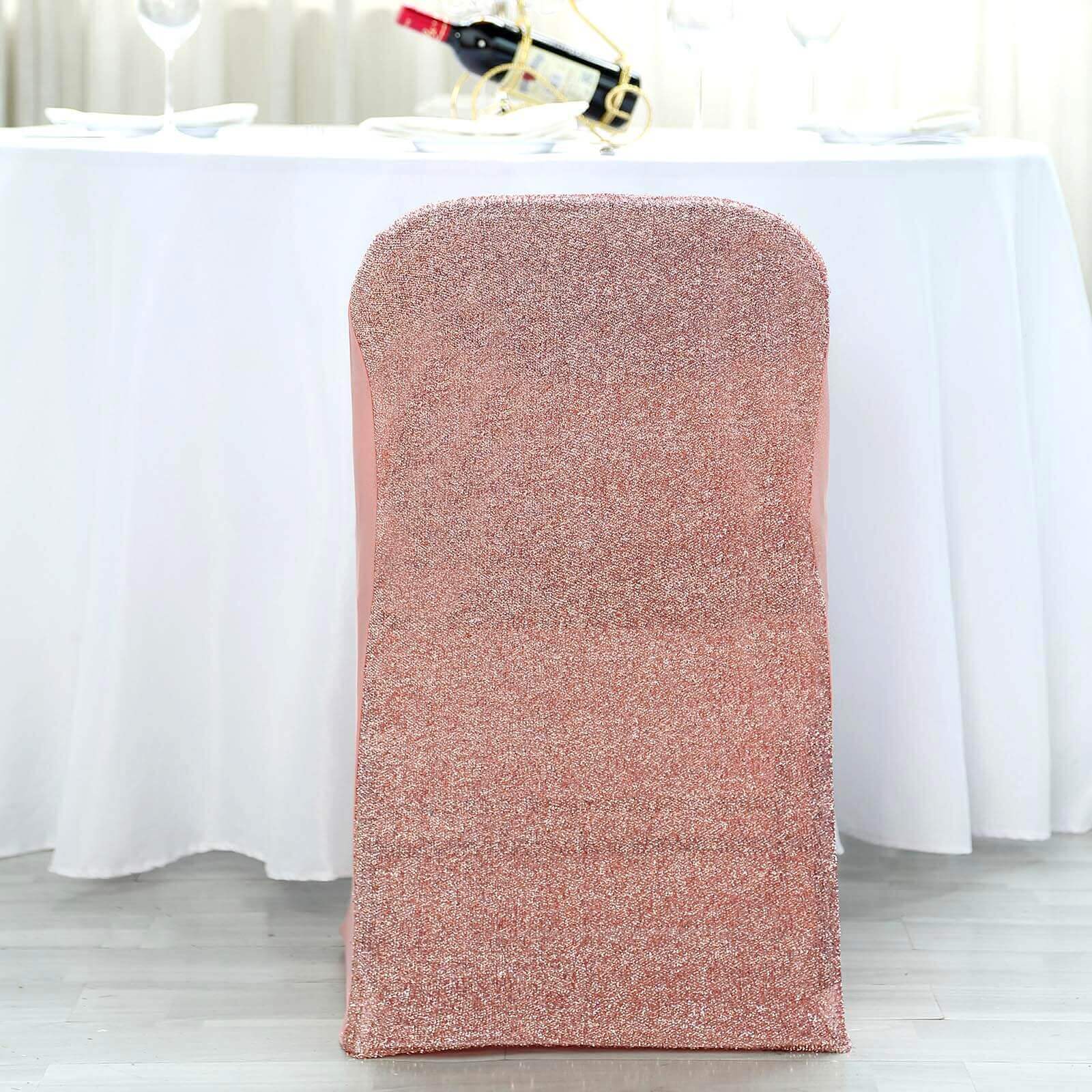 Stretch Spandex Folding Chair Cover Rose Gold with Metallic Shimmer Tinsel Back Design - Durable Fitted Slipcover with Foot Pockets - Image 6