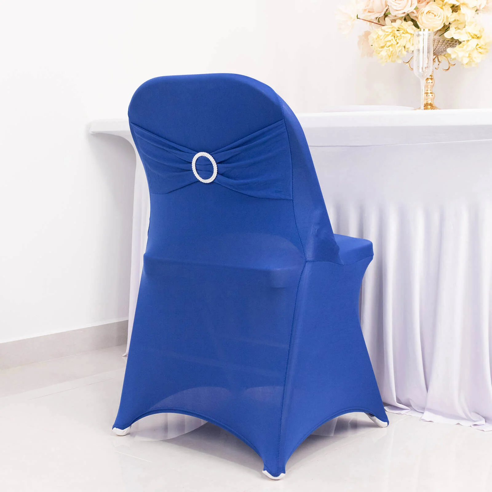 Stretch Spandex Folding Chair Cover Royal Blue - Wrinkle Resistant Fitted Slipcover with Silver Rhinestone Buckled Sash Band Accent