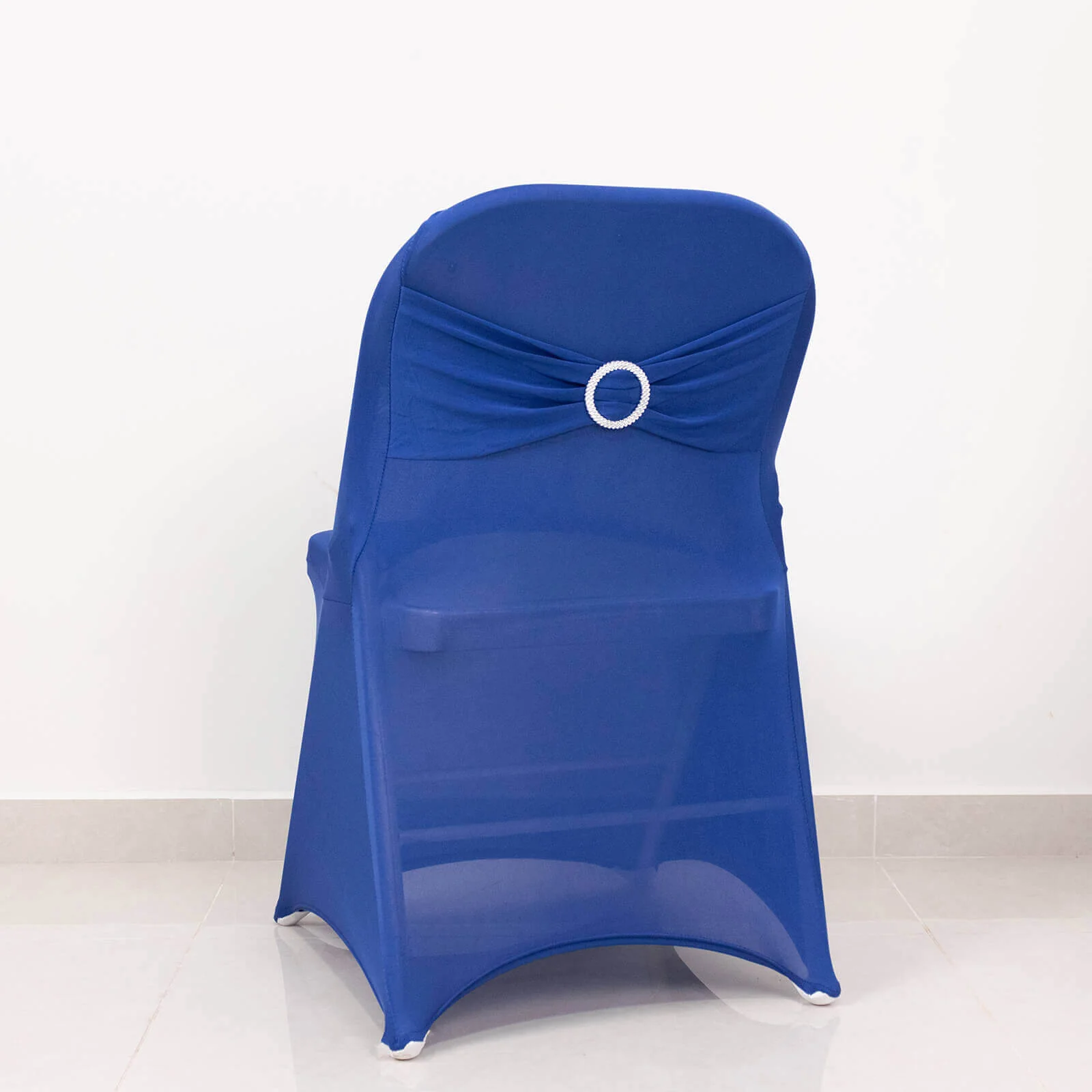 Stretch Spandex Folding Chair Cover Royal Blue - Wrinkle Resistant Fitted Slipcover with Silver Rhinestone Buckled Sash Band Accent - Image 2