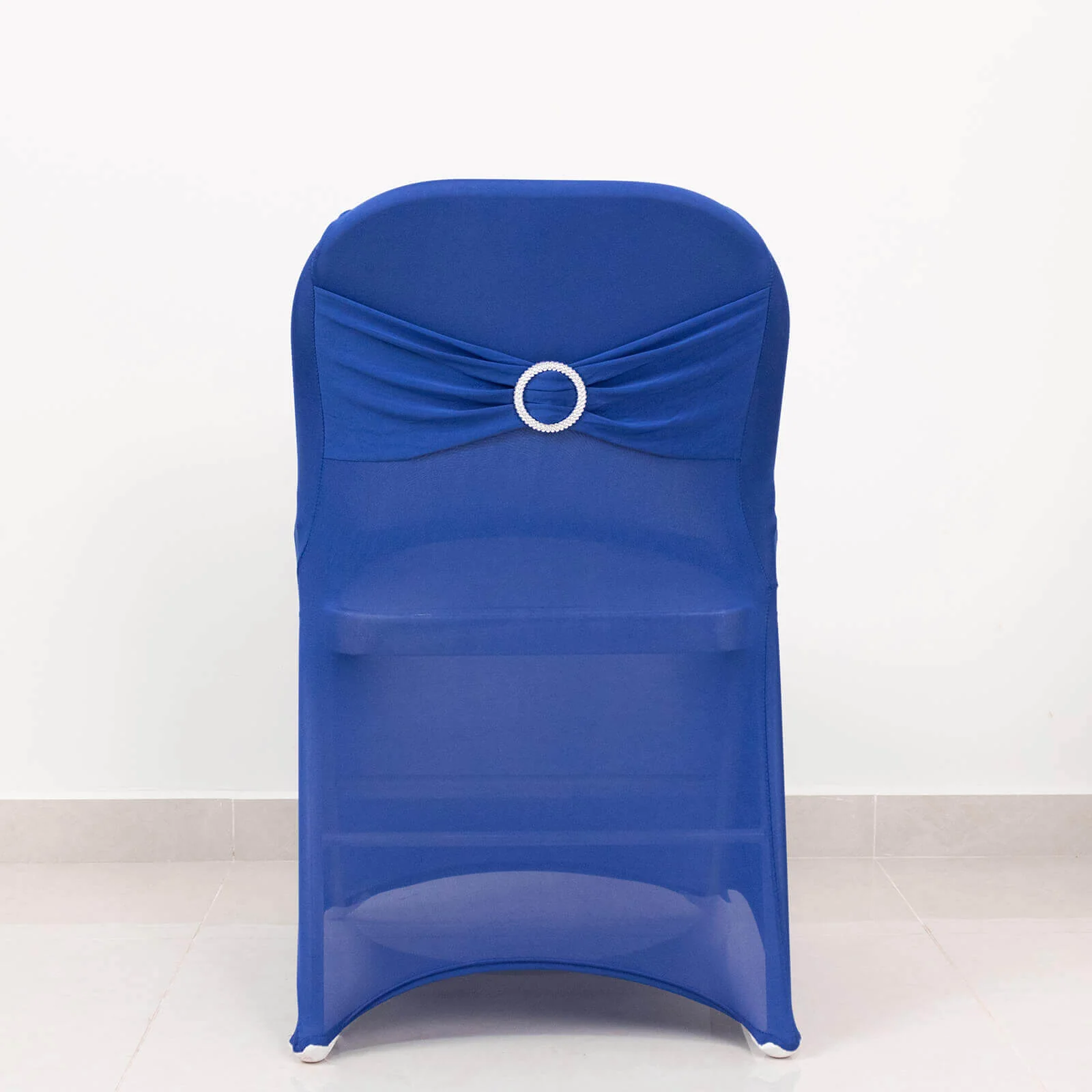 Stretch Spandex Folding Chair Cover Royal Blue - Wrinkle Resistant Fitted Slipcover with Silver Rhinestone Buckled Sash Band Accent - Image 3