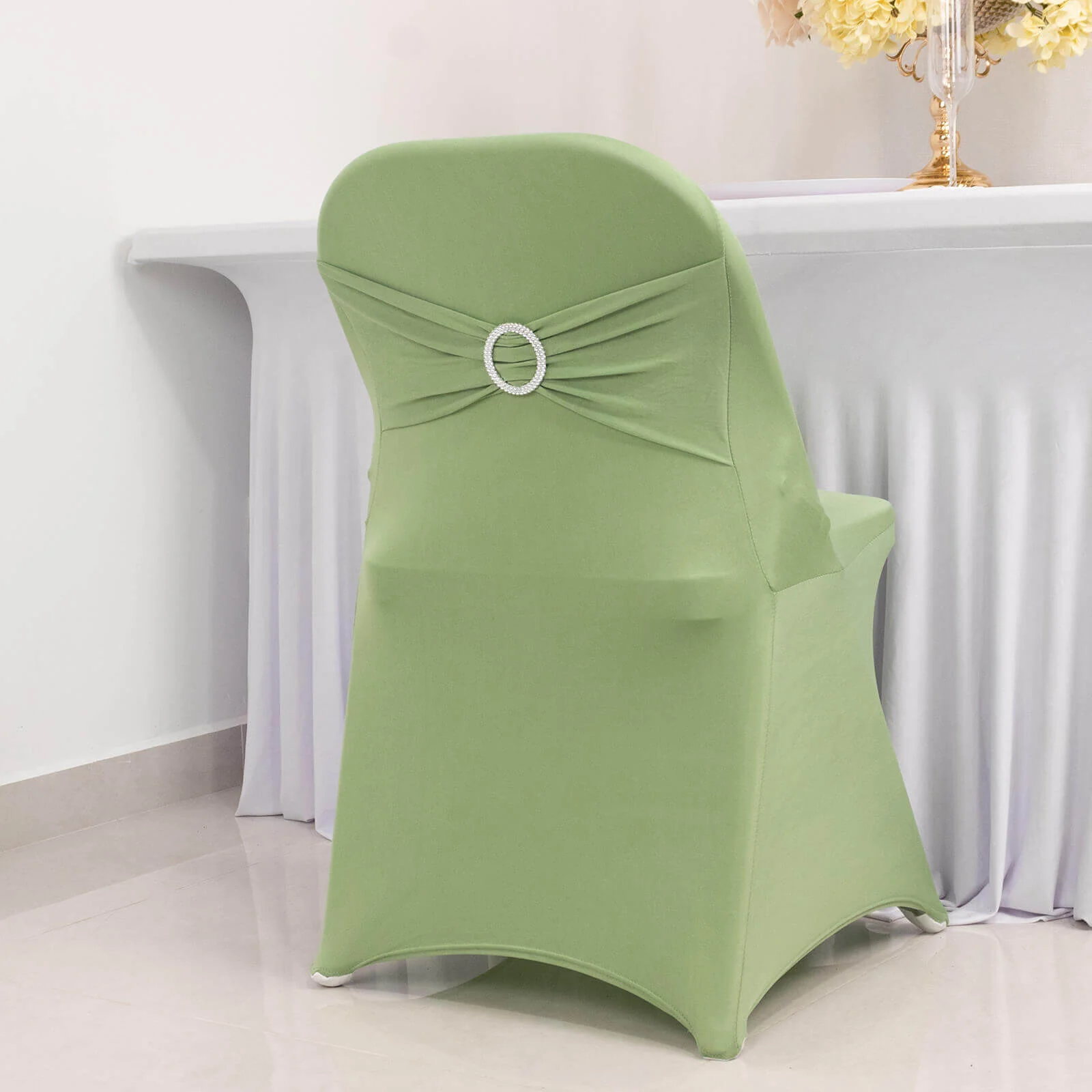 Stretch Spandex Folding Chair Cover Sage Green - Wrinkle Resistant Fitted Slipcover with Silver Rhinestone Buckled Sash Band Accent
