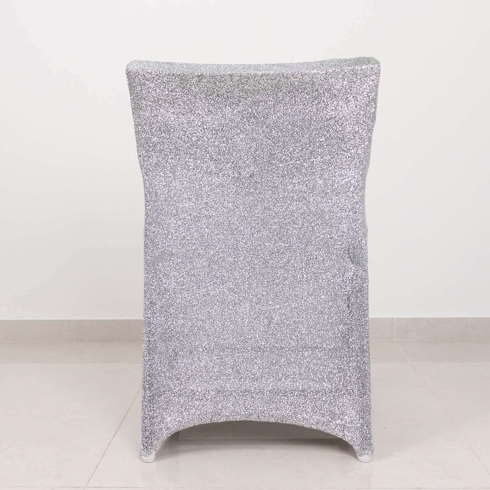 Stretch Spandex Folding Chair Cover Silver with Metallic Shimmer Tinsel Back Design - Durable Fitted Slipcover with Foot Pockets - Image 7