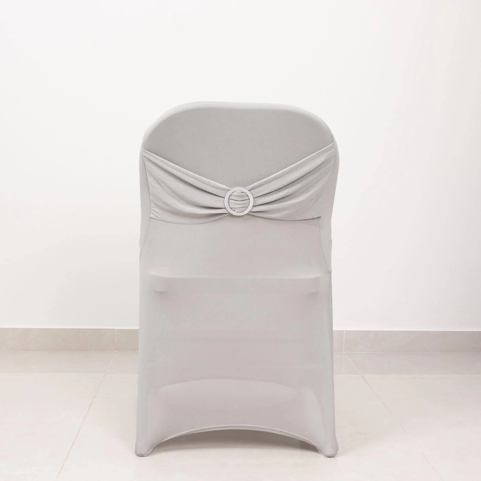 Stretch Spandex Folding Chair Cover Silver - Wrinkle Resistant Fitted Slipcover with Silver Rhinestone Buckled Sash Band Accent - Image 8