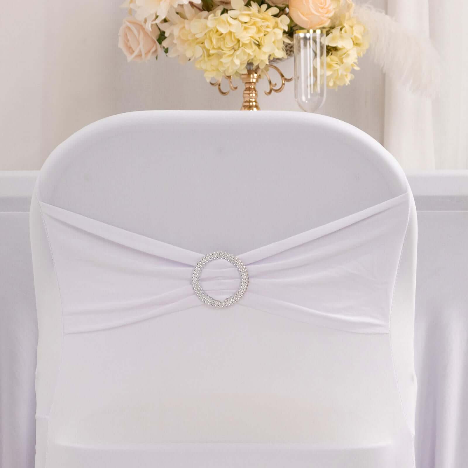 Stretch Spandex Folding Chair Cover White - Stylish & Wrinkle Resistant Fitted Slipcover with Silver Rhinestone Buckled Sash Band Accent - Image 2