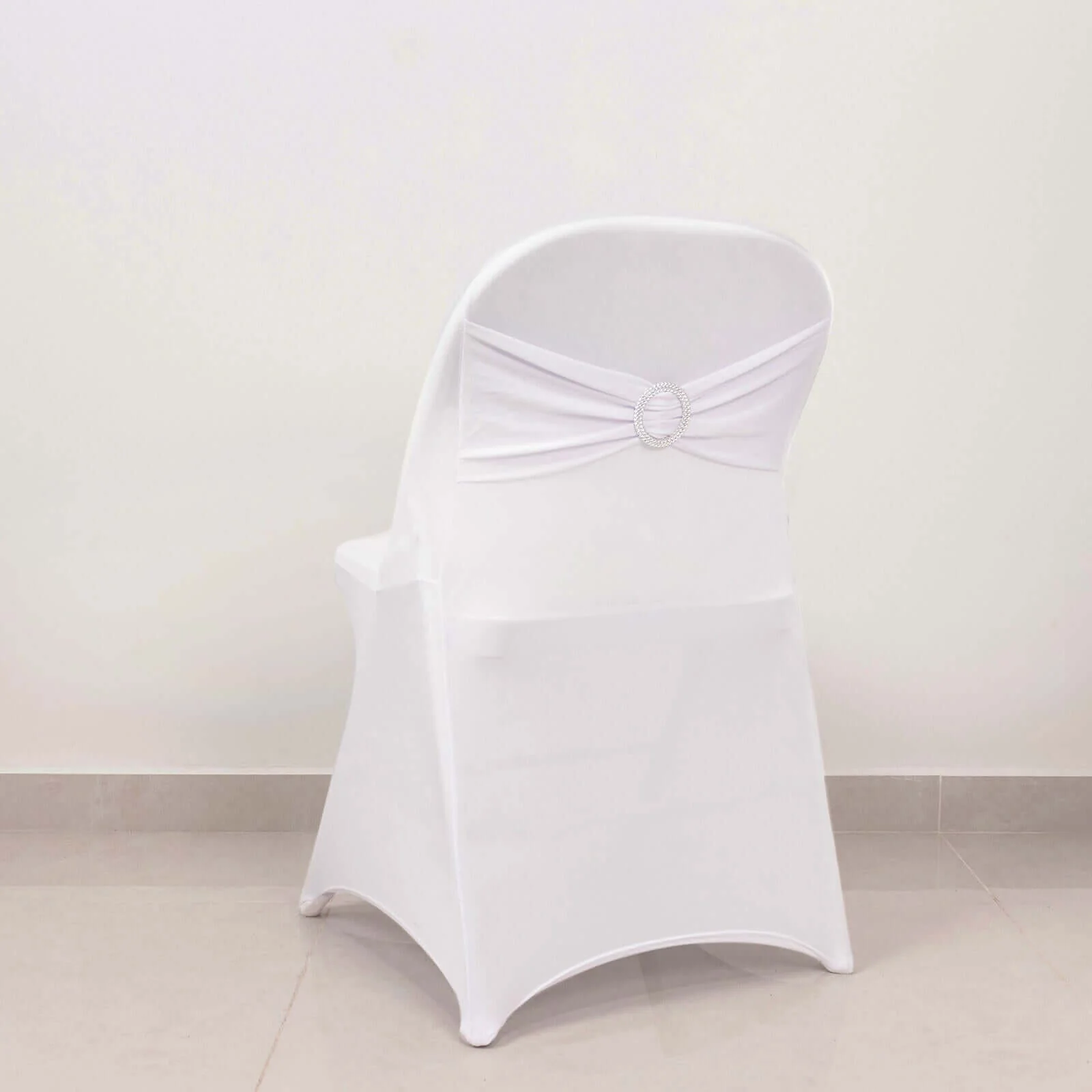 Stretch Spandex Folding Chair Cover White - Stylish & Wrinkle Resistant Fitted Slipcover with Silver Rhinestone Buckled Sash Band Accent - Image 3