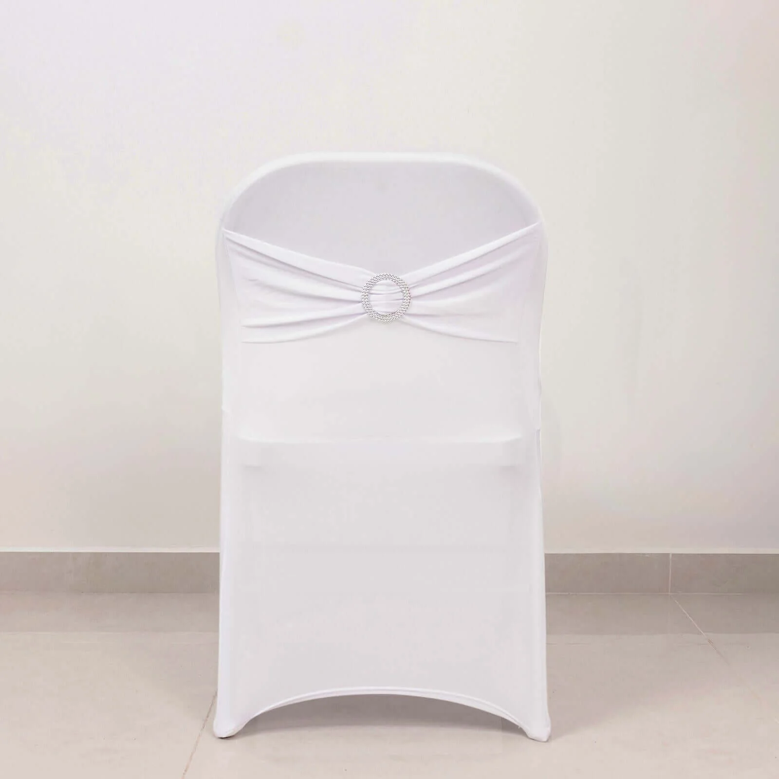 Stretch Spandex Folding Chair Cover White - Stylish & Wrinkle Resistant Fitted Slipcover with Silver Rhinestone Buckled Sash Band Accent - Image 6