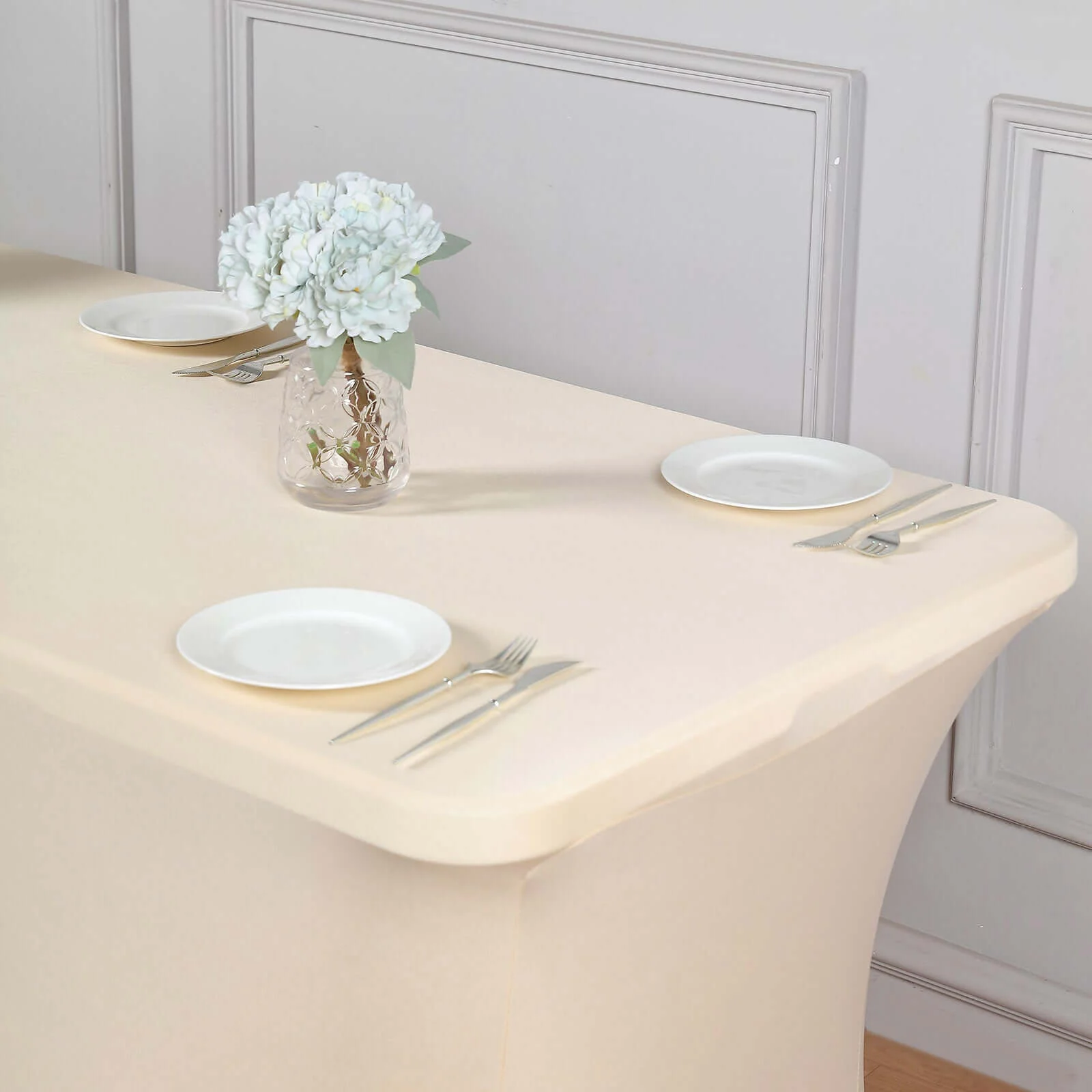 Stretch Spandex Rectangle Fitted Table Cover 96"x30" Beige - Wrinkle Free Form-Fitting Tablecloth - Image 2