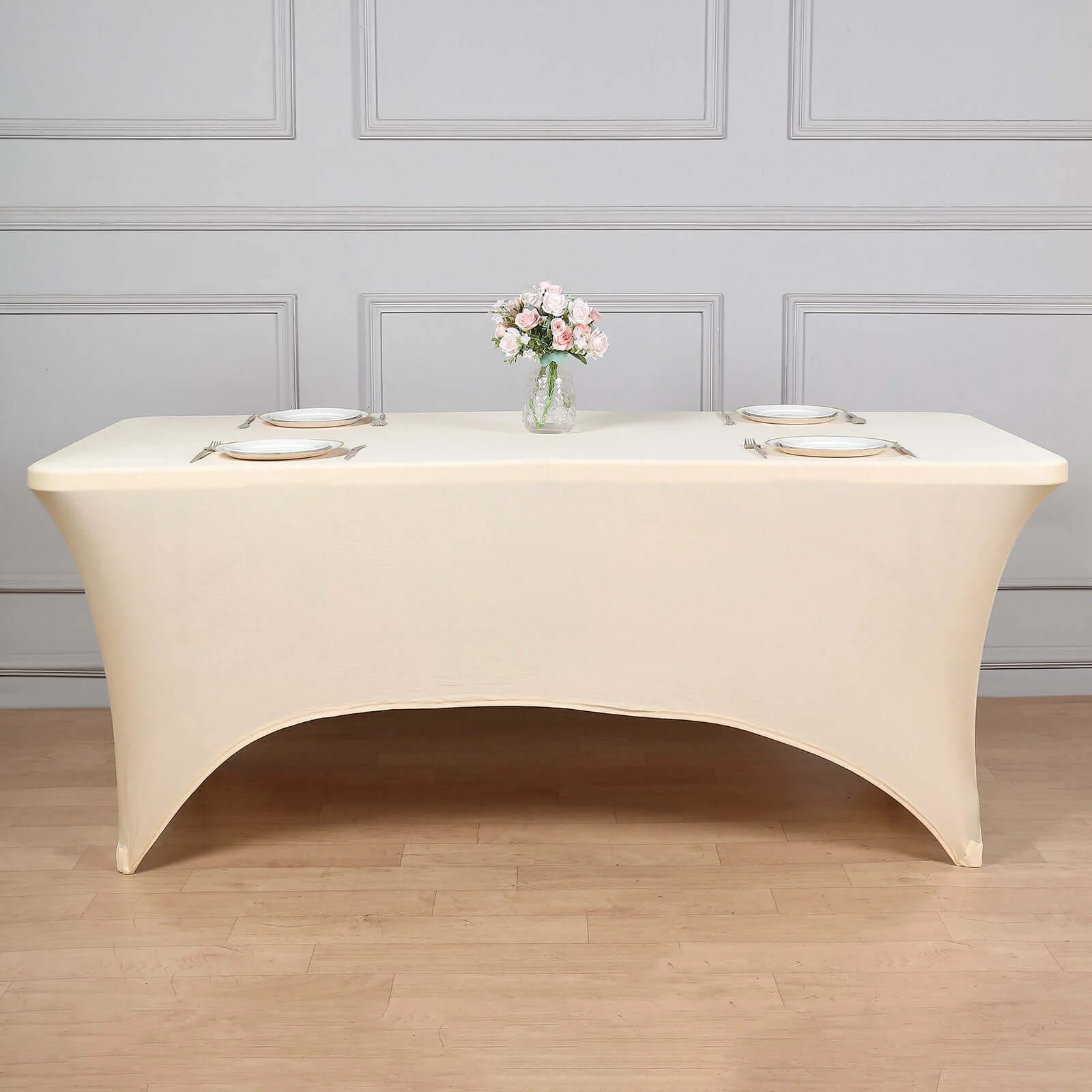 Stretch Spandex Rectangle Fitted Table Cover 96"x30" Beige - Wrinkle Free Form-Fitting Tablecloth - Image 6
