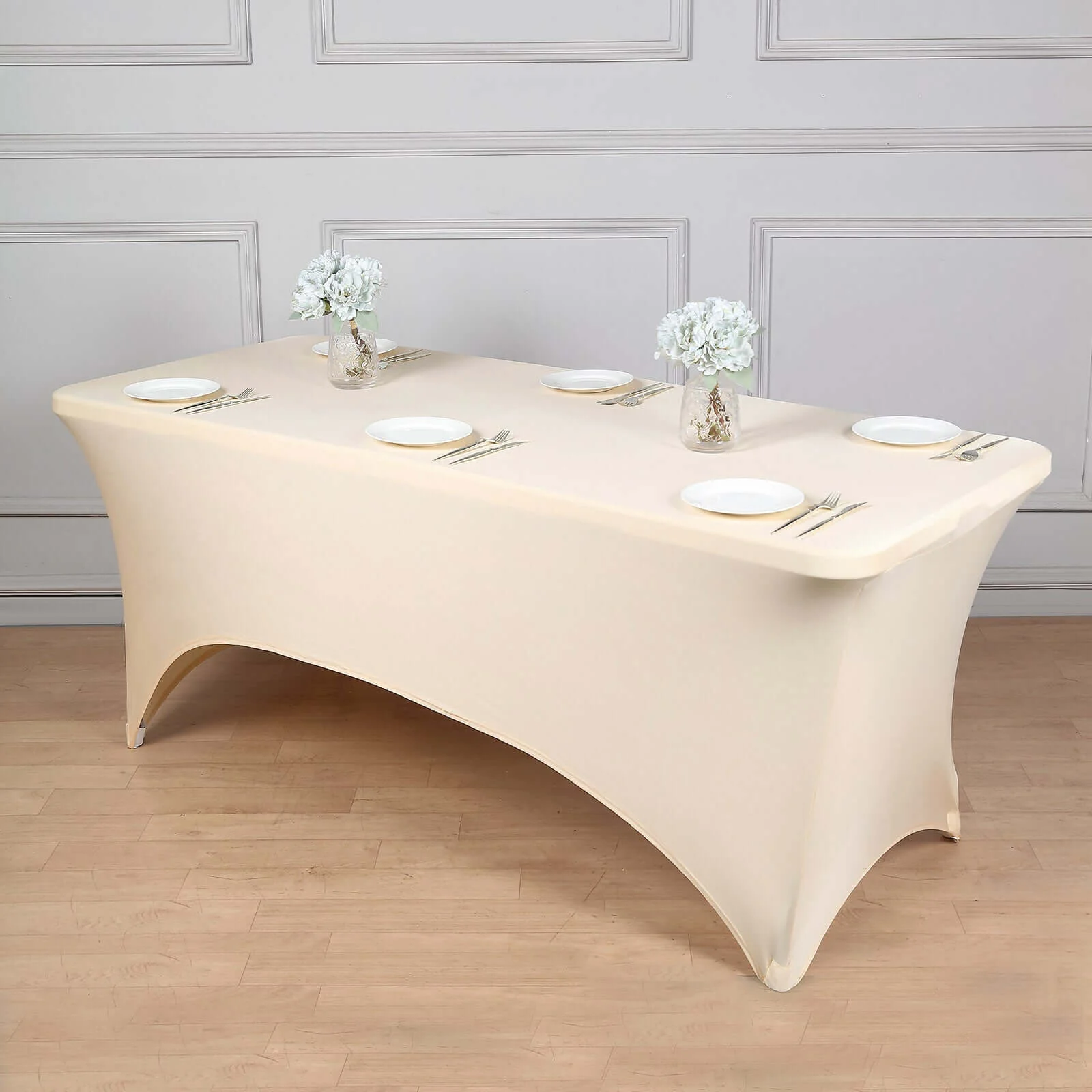 Stretch Spandex Rectangle Fitted Table Cover 96"x30" Beige - Wrinkle Free Form-Fitting Tablecloth - Image 8