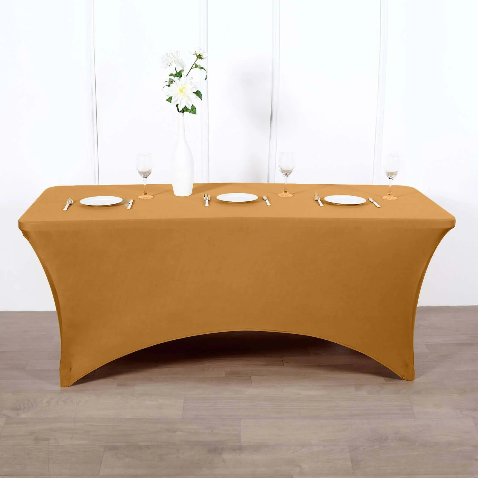 Stretch Spandex Rectangle Fitted Table Cover 96"x30" Gold - Easy to Maintain Form-Fitting Tablecloth for Weddings & Events - Image 3