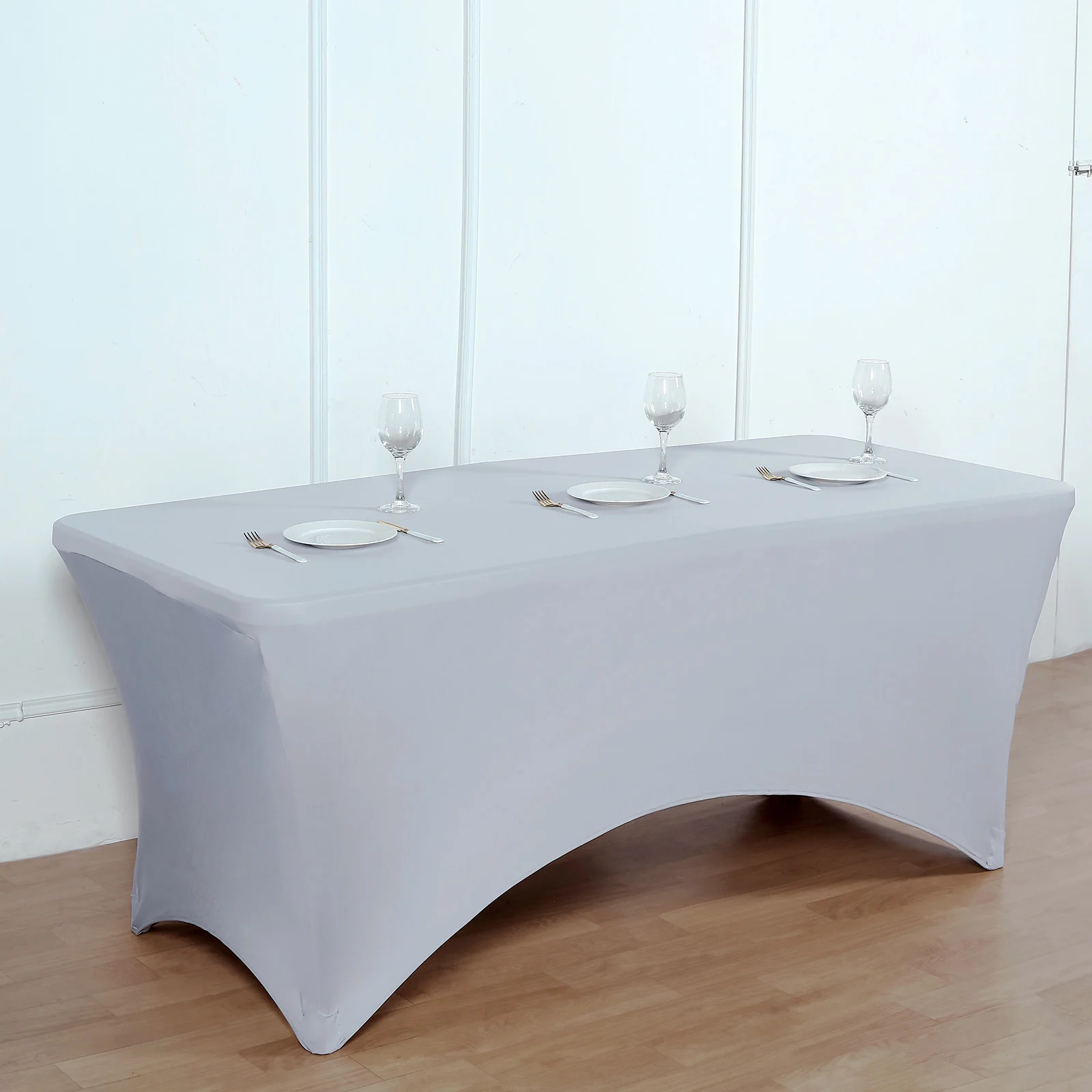 Stretch Spandex Rectangle Fitted Table Cover 96"x30" Silver - Wrinkle Free Form-Fitting Tablecloth - Image 2