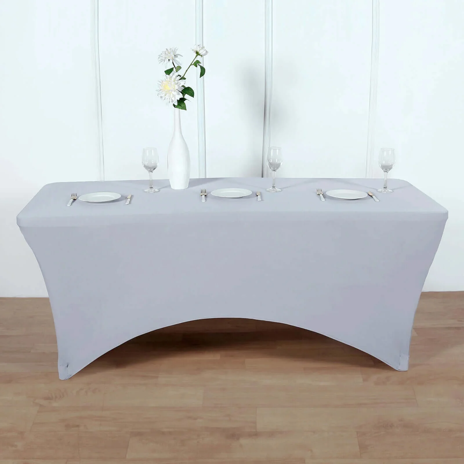 Stretch Spandex Rectangle Fitted Table Cover 96"x30" Silver - Wrinkle Free Form-Fitting Tablecloth - Image 3