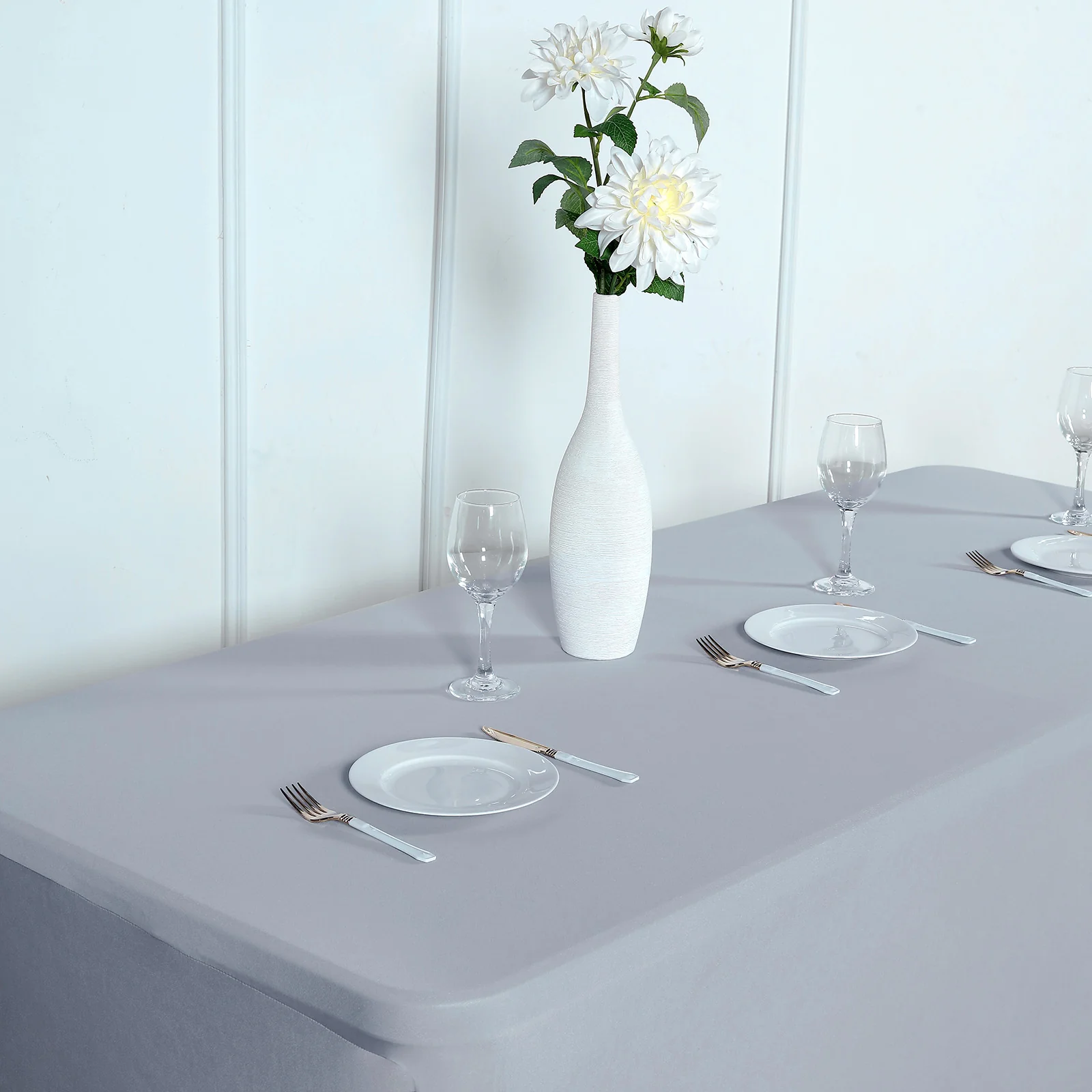 Stretch Spandex Rectangle Fitted Table Cover 96"x30" Silver - Wrinkle Free Form-Fitting Tablecloth - Image 9