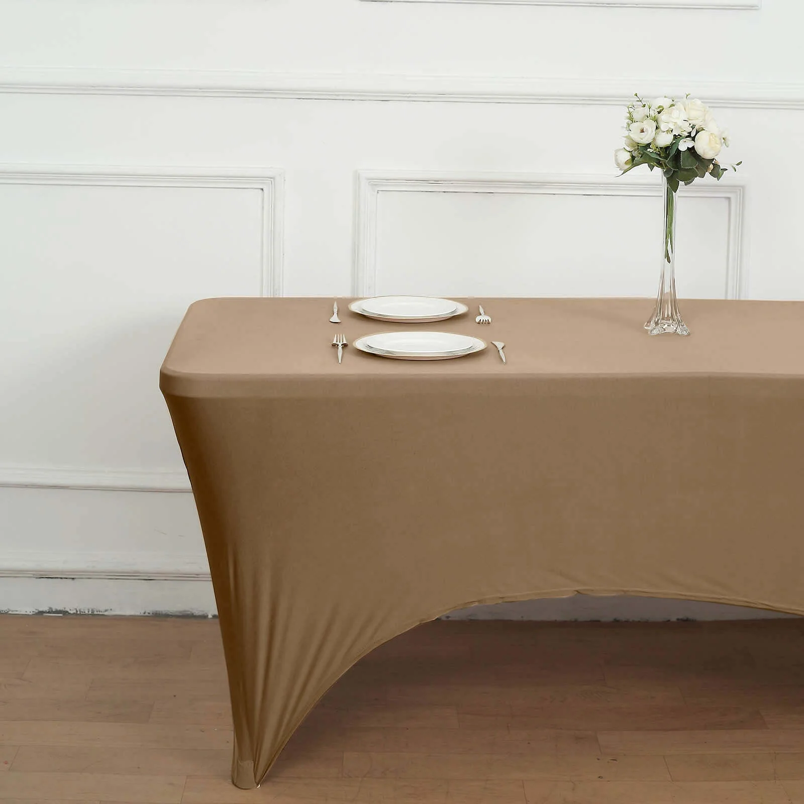 Stretch Spandex Rectangle Fitted Table Cover 96"x30" Taupe - Wrinkle Free Form-Fitting Tablecloth - Image 2