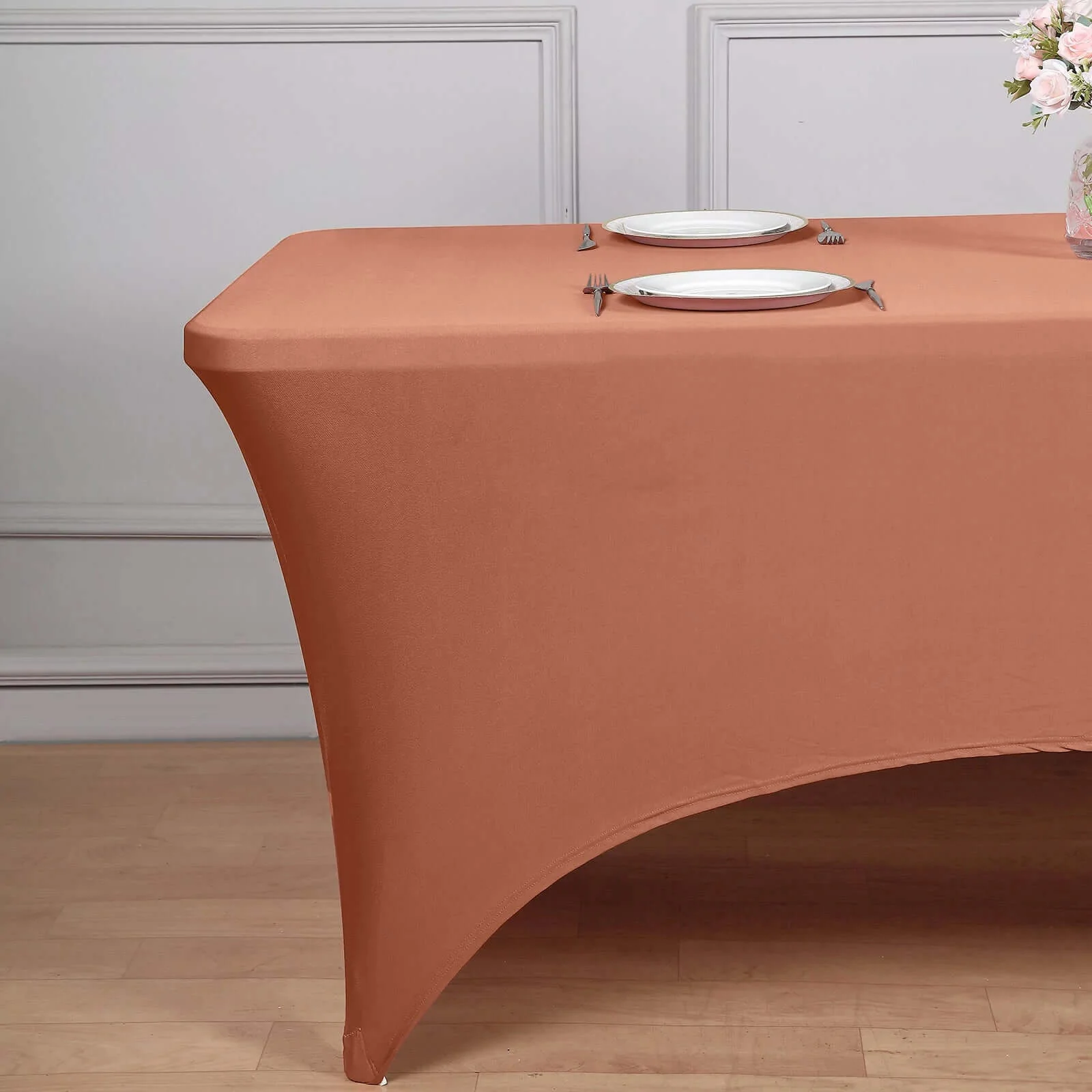 Stretch Spandex Rectangle Fitted Table Cover 96"x30" Terracotta (Rust) - Wrinkle Free Form-Fitting Tablecloth - Image 2