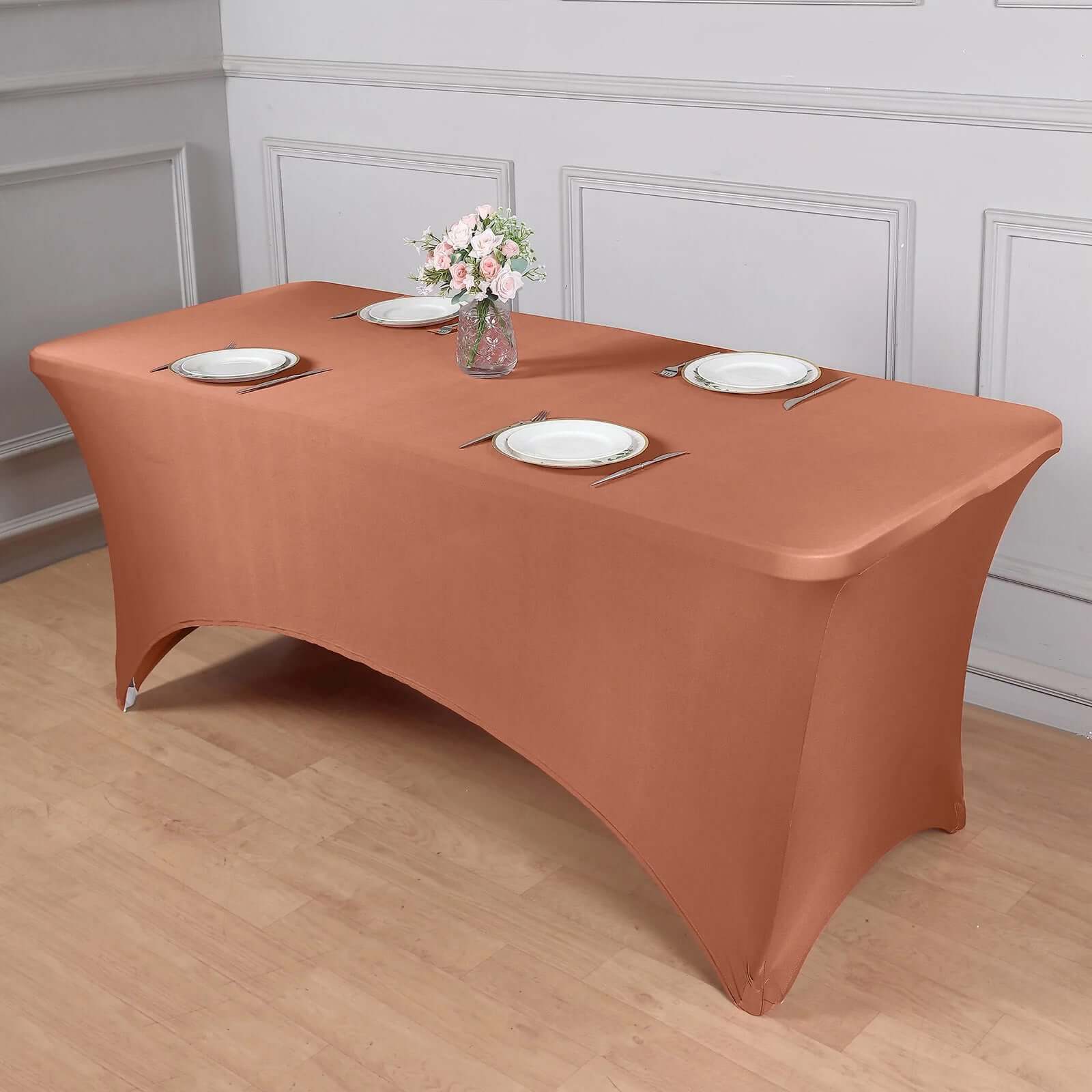 Stretch Spandex Rectangle Fitted Table Cover 96"x30" Terracotta (Rust) - Wrinkle Free Form-Fitting Tablecloth - Image 7