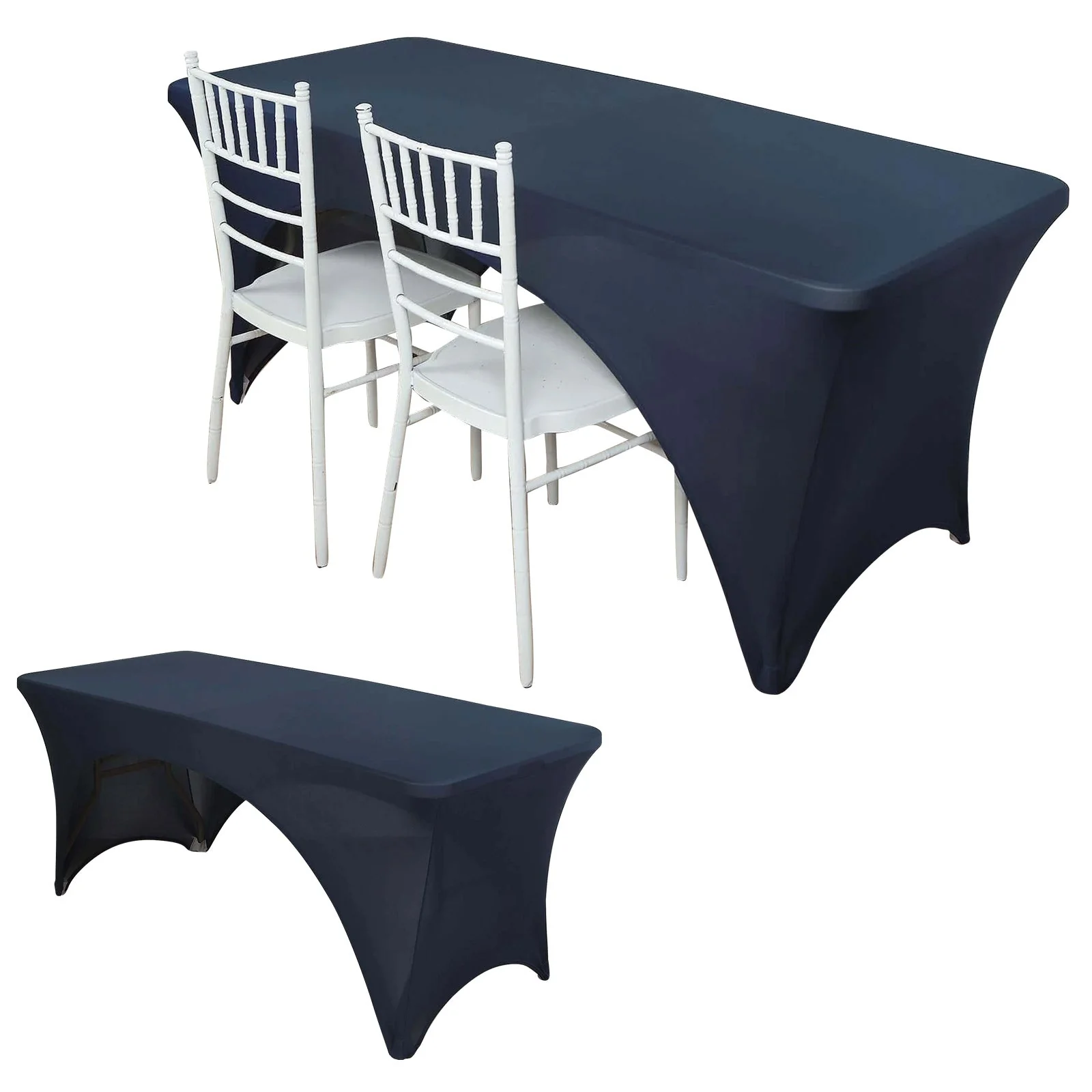 Stretch Spandex Rectangle Table Cover 96"x30" Navy Blue - Curved Open Back Fitted Tablecloth - Image 5