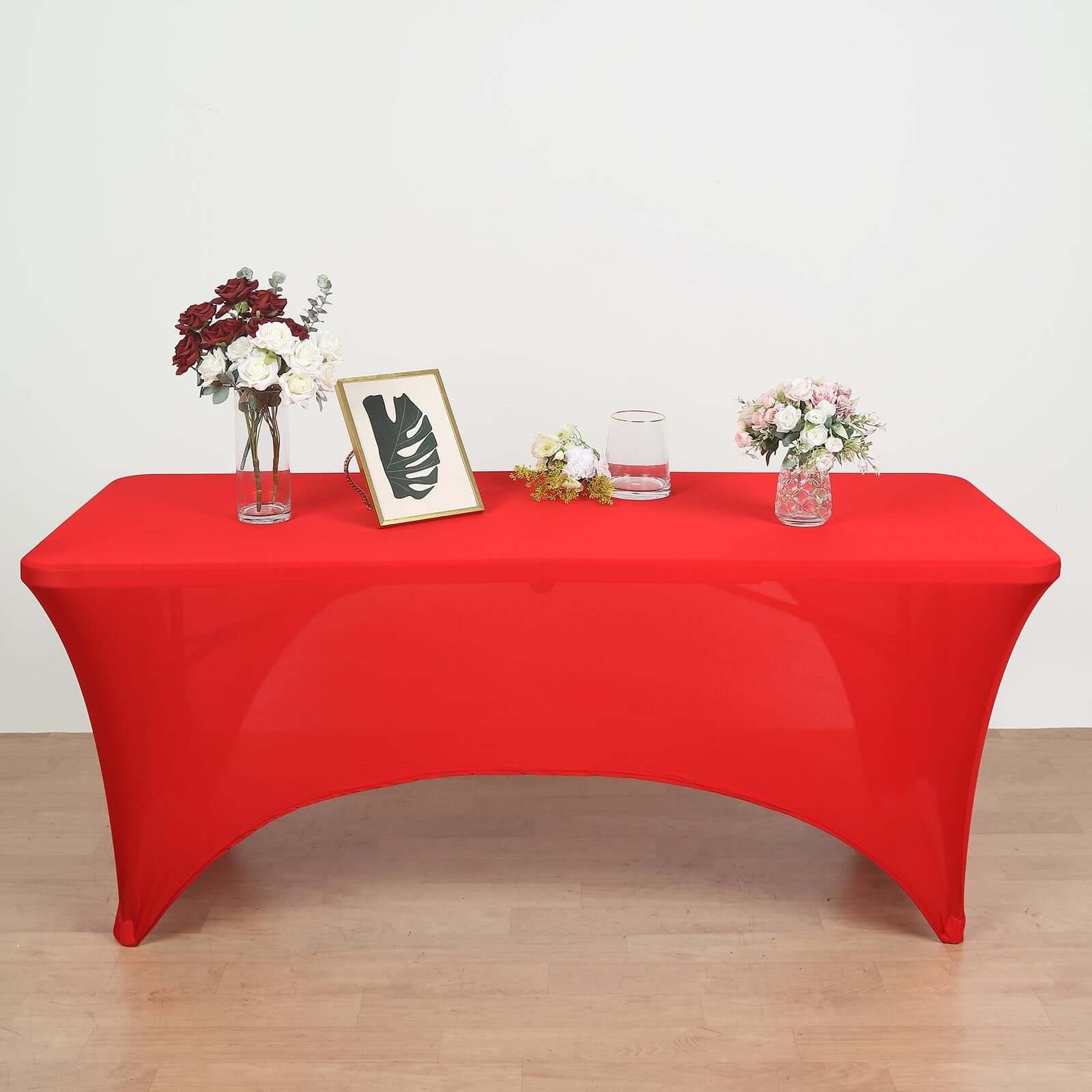 Stretch Spandex Rectangle Table Cover 96"x30" Red - Curved Open Back Fitted Tablecloth - Image 10