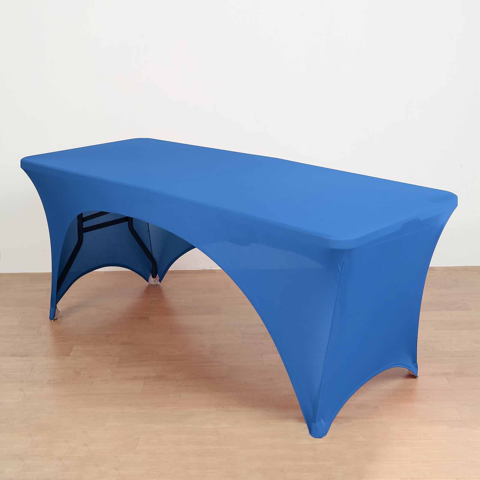 Stretch Spandex Rectangle Table Cover 96"x30" Royal Blue - Curved Open Back Fitted Tablecloth - Image 3