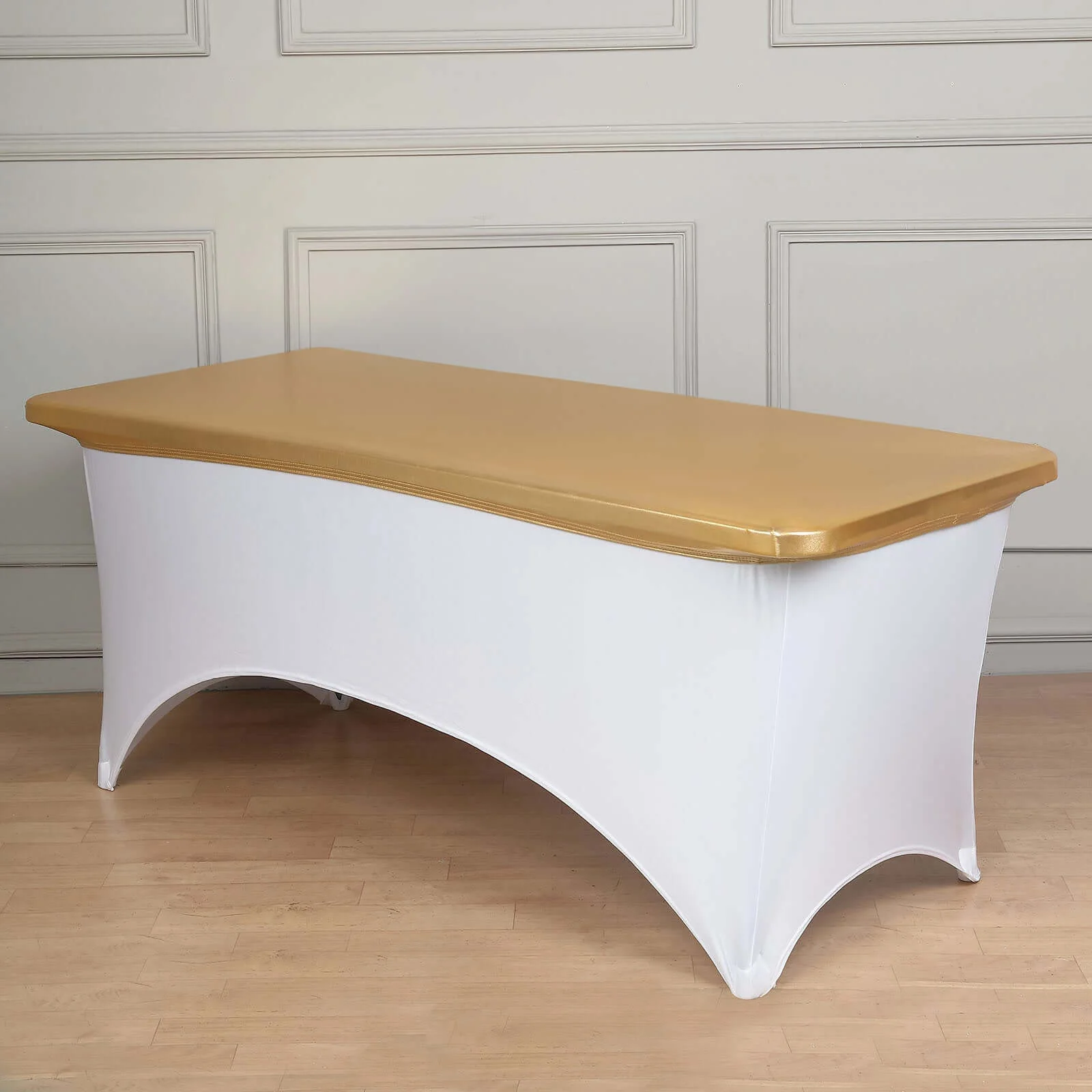 Stretch Spandex Rectangle Table Top Cover 72"x30" Metallic Gold - Sleek & Durable Shimmering Fitted Table Topper Cap for Chic Events