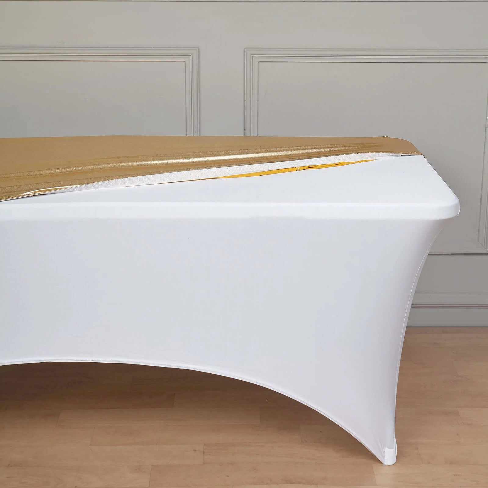 Stretch Spandex Rectangle Table Top Cover 72"x30" Metallic Gold - Sleek & Durable Shimmering Fitted Table Topper Cap for Chic Events - Image 2
