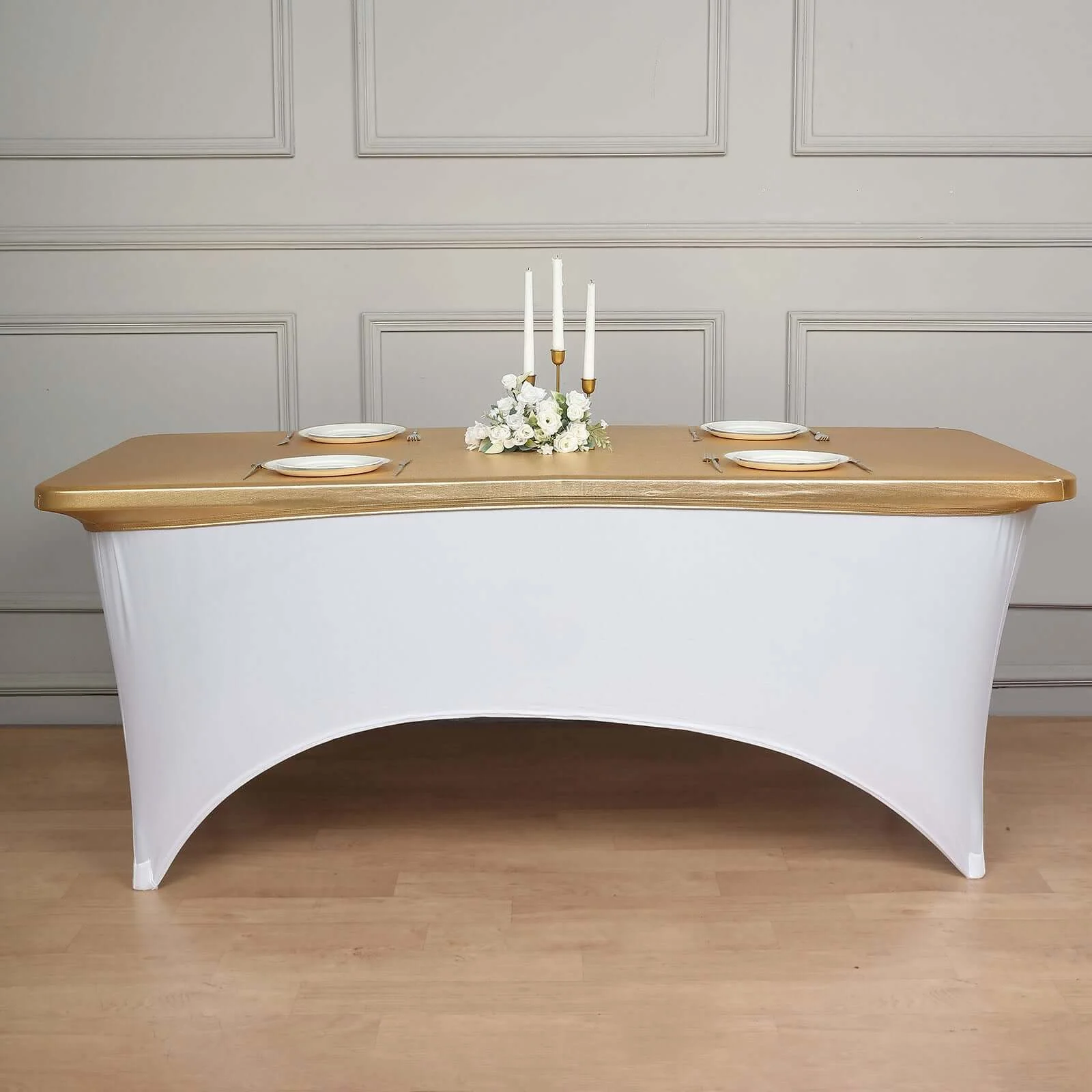 Stretch Spandex Rectangle Table Top Cover 72"x30" Metallic Gold - Sleek & Durable Shimmering Fitted Table Topper Cap for Chic Events - Image 3