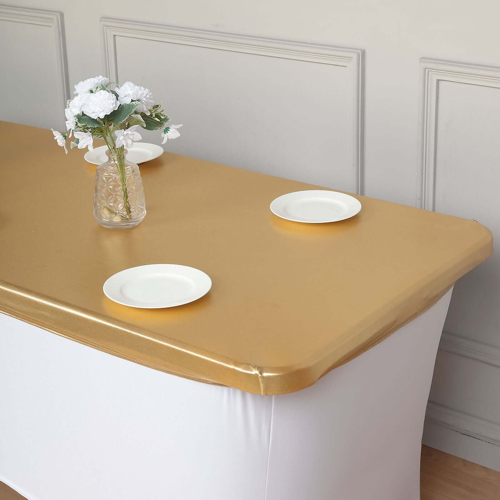 Stretch Spandex Rectangle Table Top Cover 72"x30" Metallic Gold - Sleek & Durable Shimmering Fitted Table Topper Cap for Chic Events - Image 4