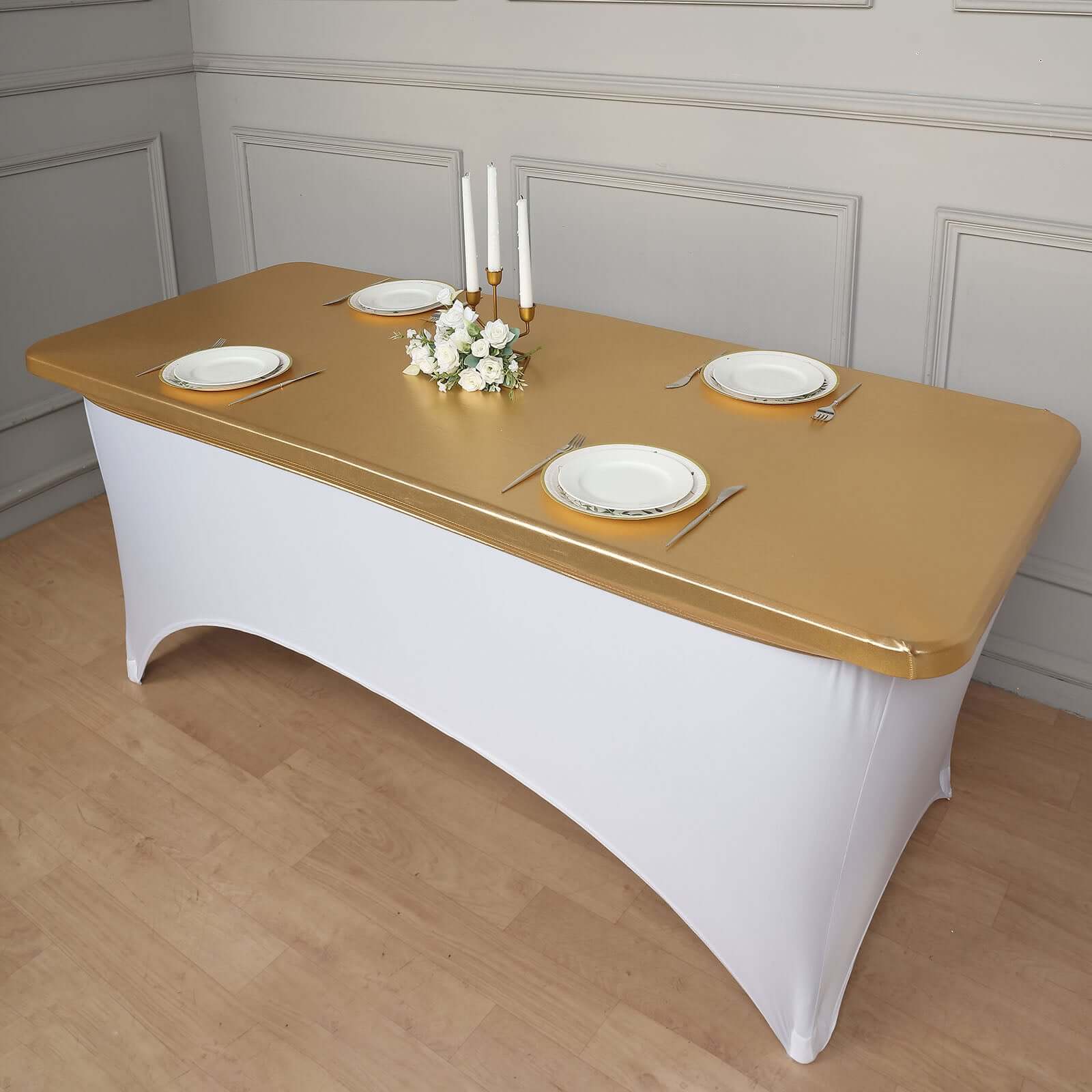 Stretch Spandex Rectangle Table Top Cover 72"x30" Metallic Gold - Sleek & Durable Shimmering Fitted Table Topper Cap for Chic Events - Image 7
