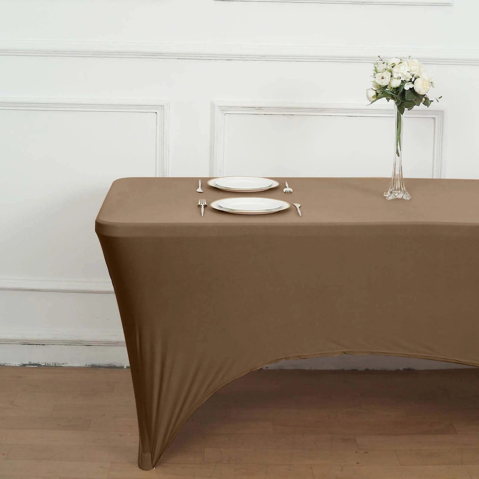 Stretch Spandex Rectangle Tablecloth 6ft Taupe - Wrinkle Free Fitted Table Cover - Image 2