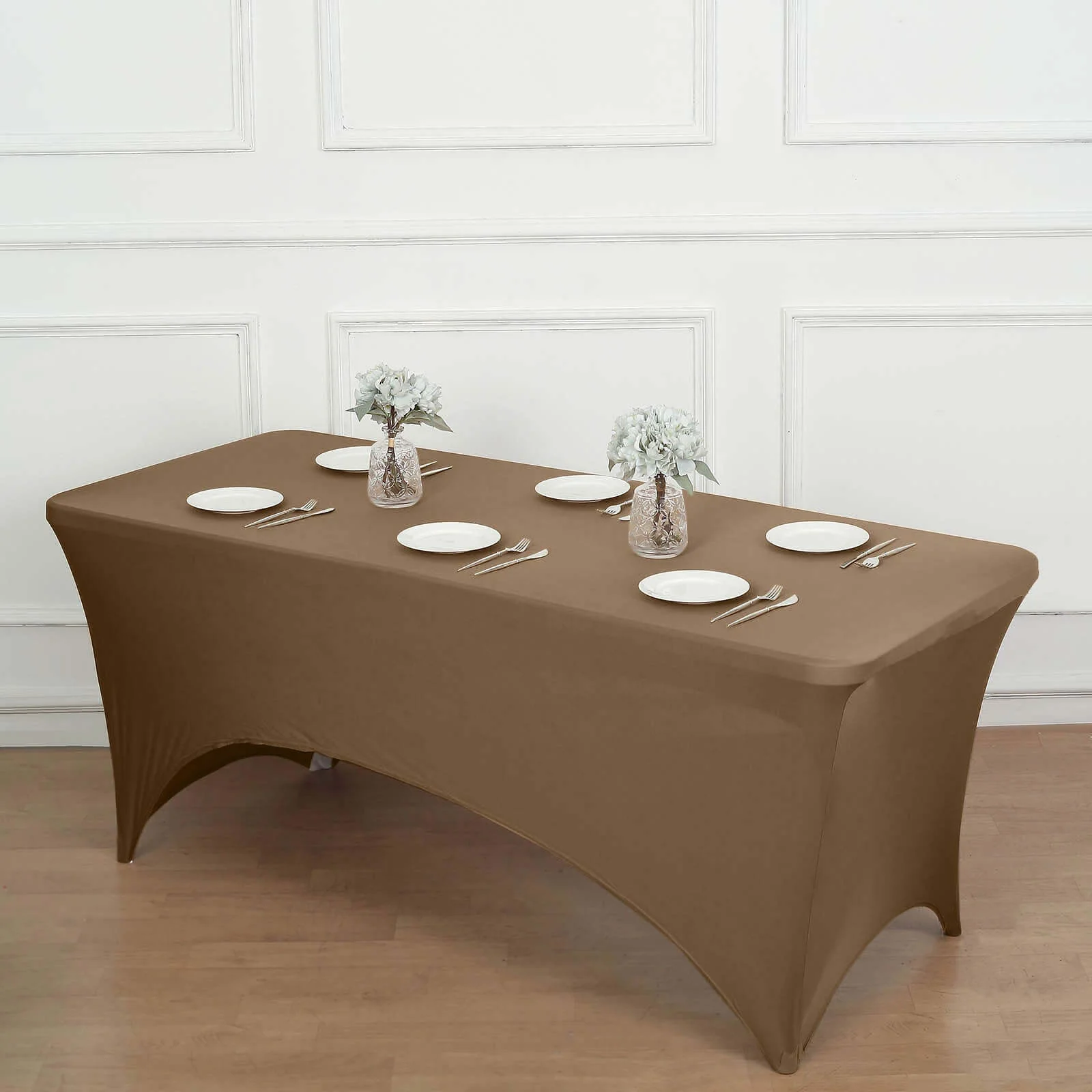 Stretch Spandex Rectangle Tablecloth 6ft Taupe - Wrinkle Free Fitted Table Cover - Image 3