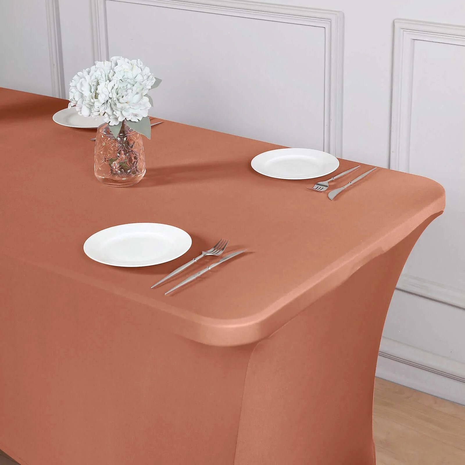 Stretch Spandex Rectangle Tablecloth 6ft Terracotta (Rust) - Wrinkle Free Fitted Table Cover - Image 2