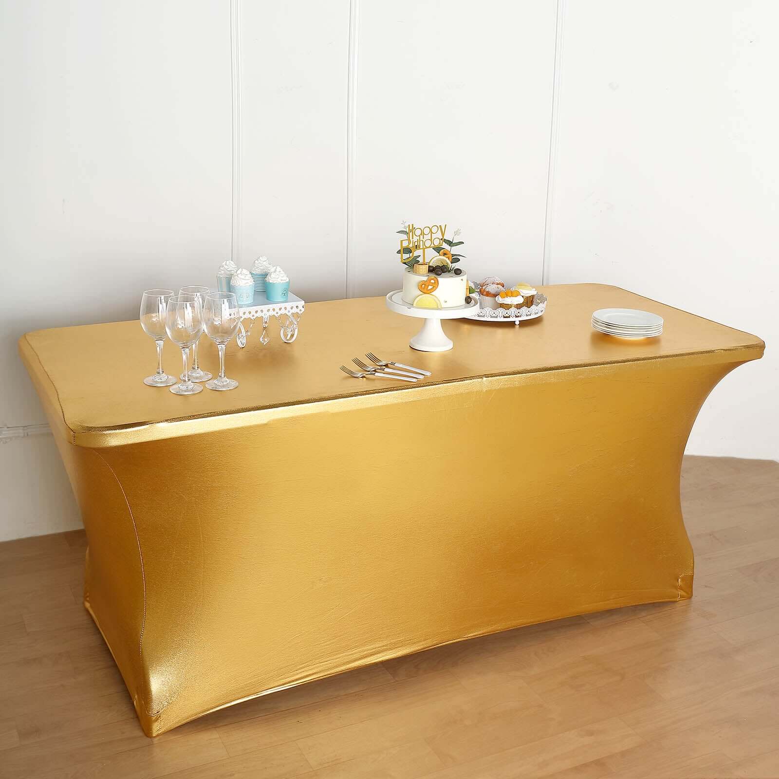 Stretch Spandex Rectangle Tablecloth 72"x30" Metallic Gold - Dazzling Form-Fitting Table Cover for Luxe Weddings & Events - Image 2