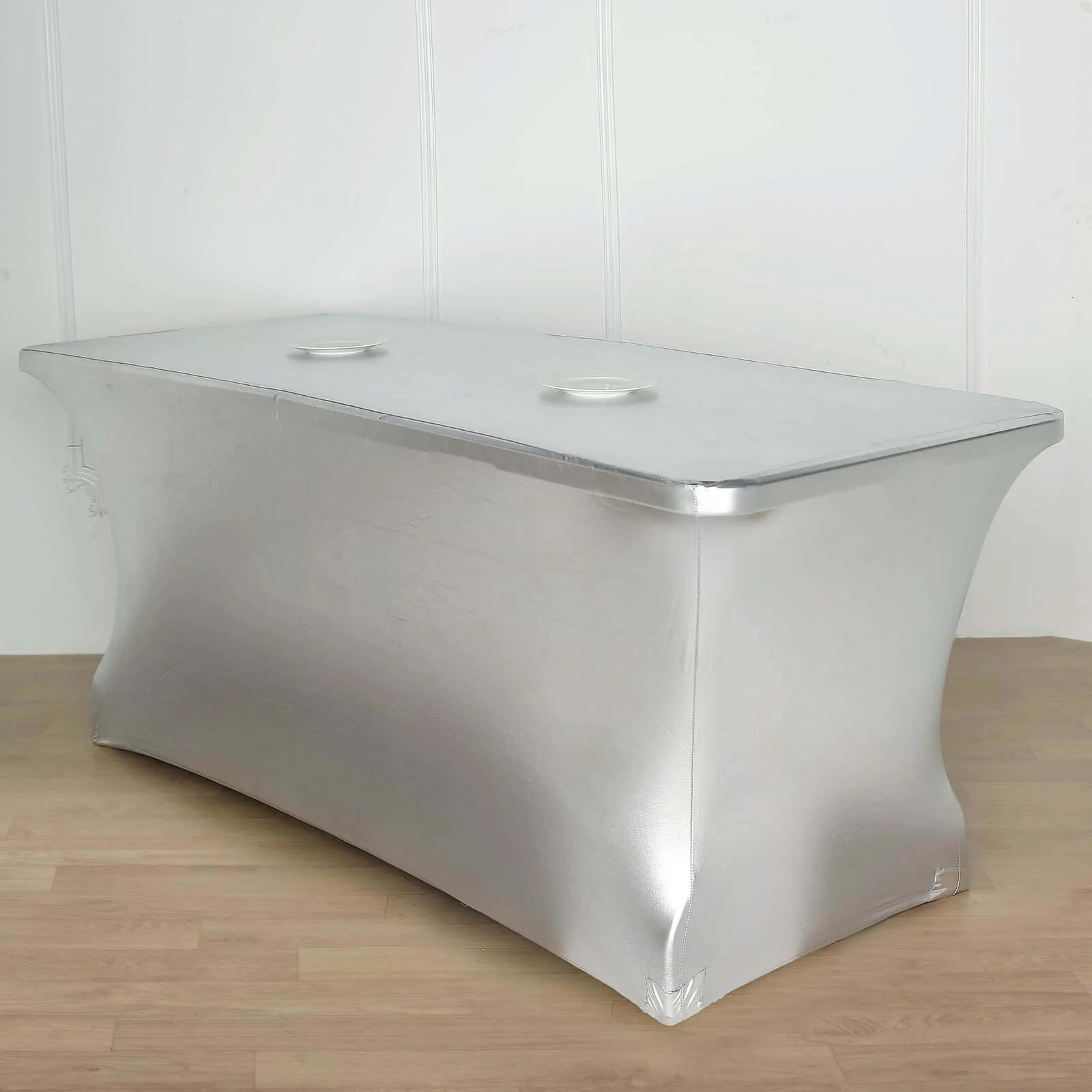 Stretch Spandex Rectangle Tablecloth 72"x30" Metallic Silver - Dazzling Form-Fitting Table Cover - Image 2