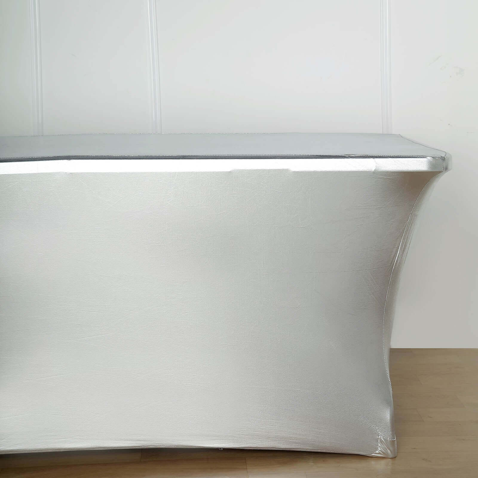 Stretch Spandex Rectangle Tablecloth 72"x30" Metallic Silver - Dazzling Form-Fitting Table Cover - Image 3