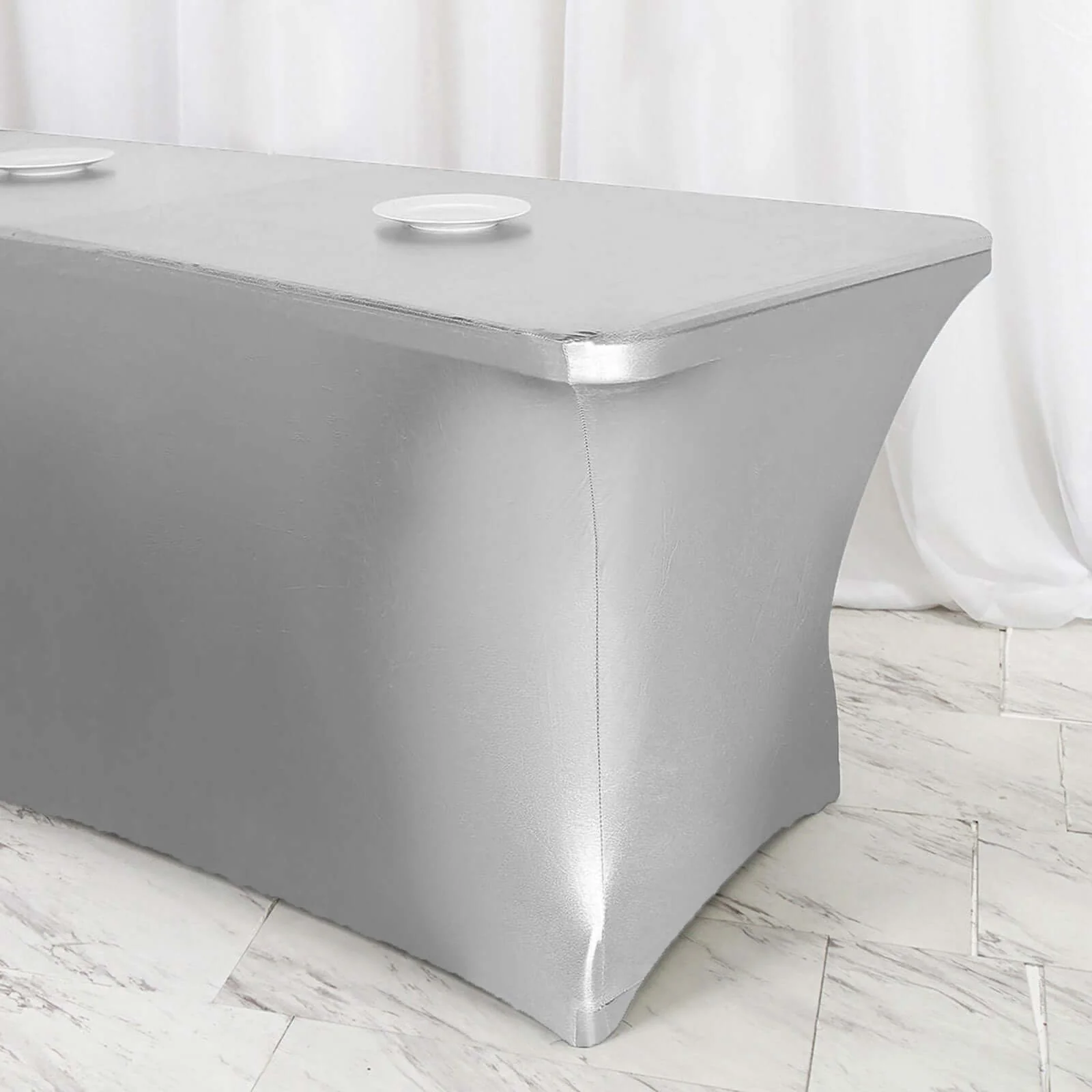 Stretch Spandex Rectangle Tablecloth 72"x30" Metallic Silver - Dazzling Form-Fitting Table Cover - Image 8