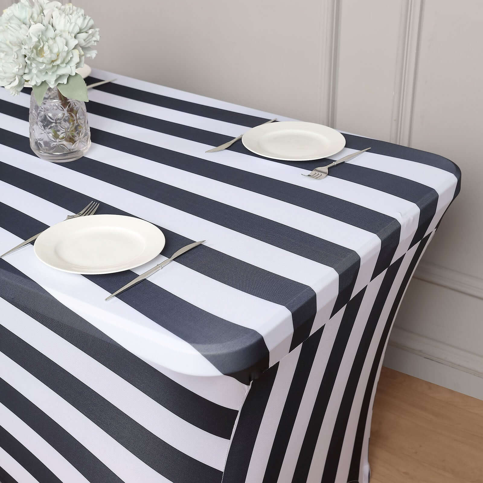 Stretch Spandex Rectangle Tablecloth 8ft Black/White Vertical Stripes - Easy to Maintain Form-Fitting Table Cover for Weddings & Events - Image 2