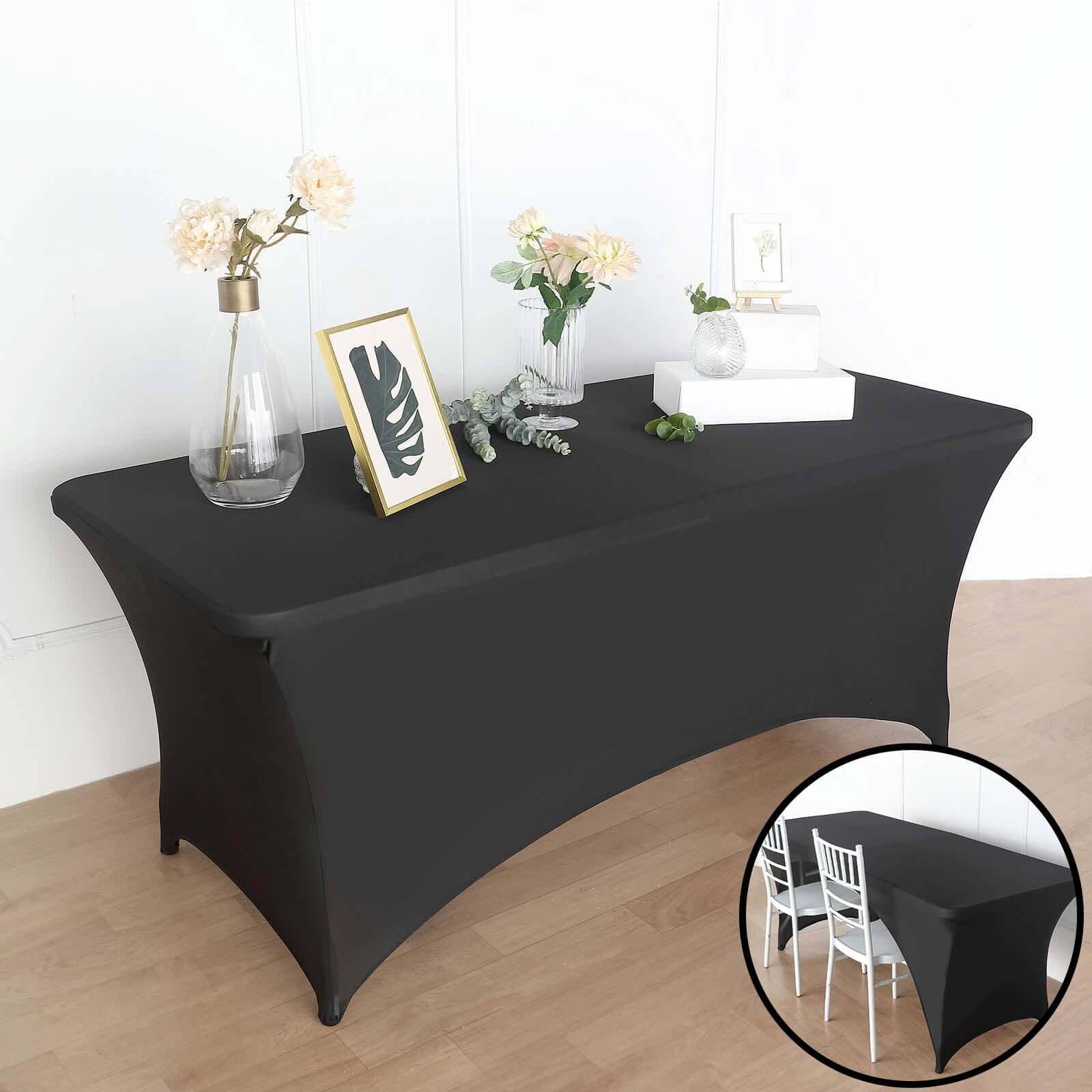 Stretch Spandex Rectangular Table Cover 72"x30" Black - Curved Open Back Fitted Tablecloth - Image 3