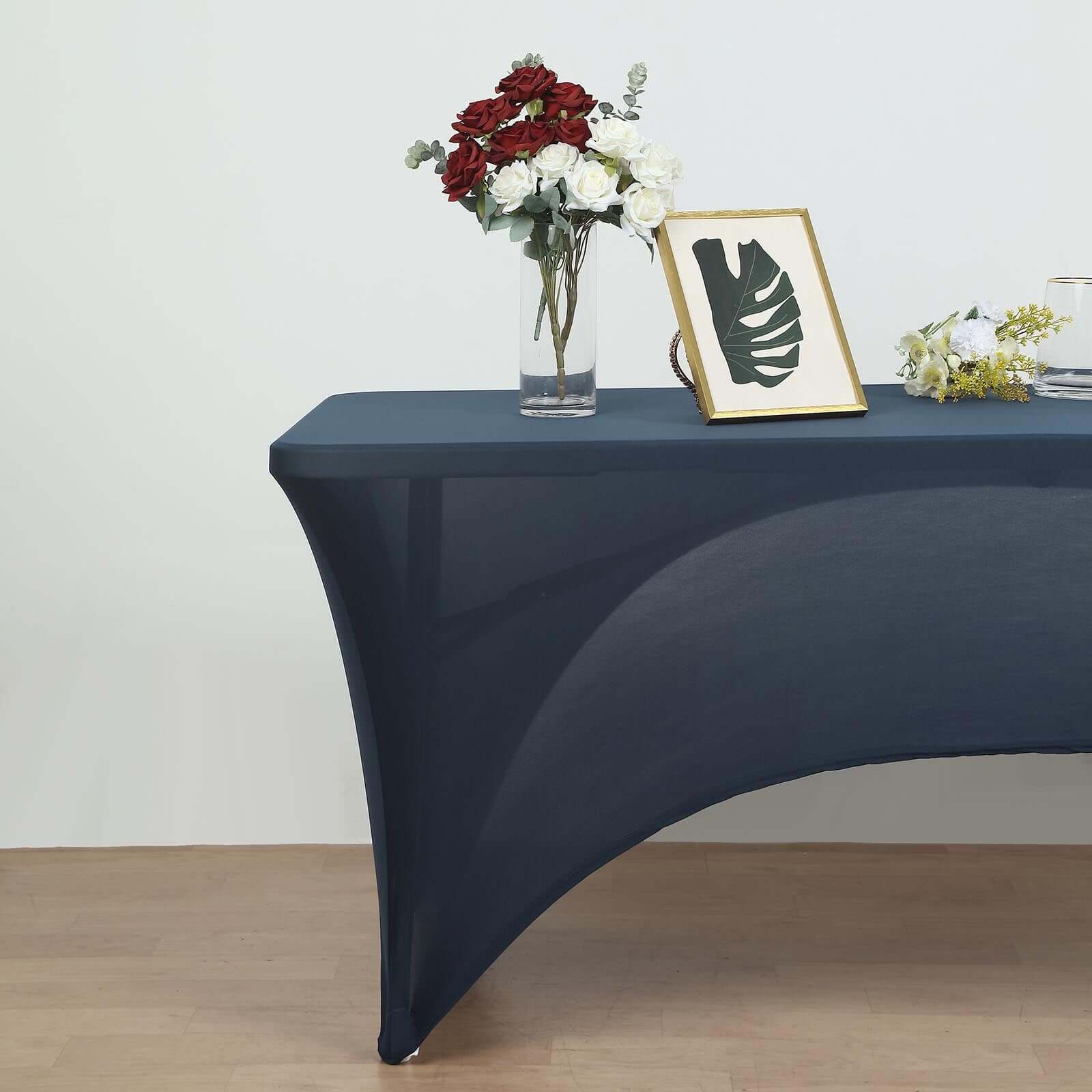 Stretch Spandex Rectangular Table Cover 72"x30" Navy Blue - Curved Open Back Fitted Tablecloth - Image 2