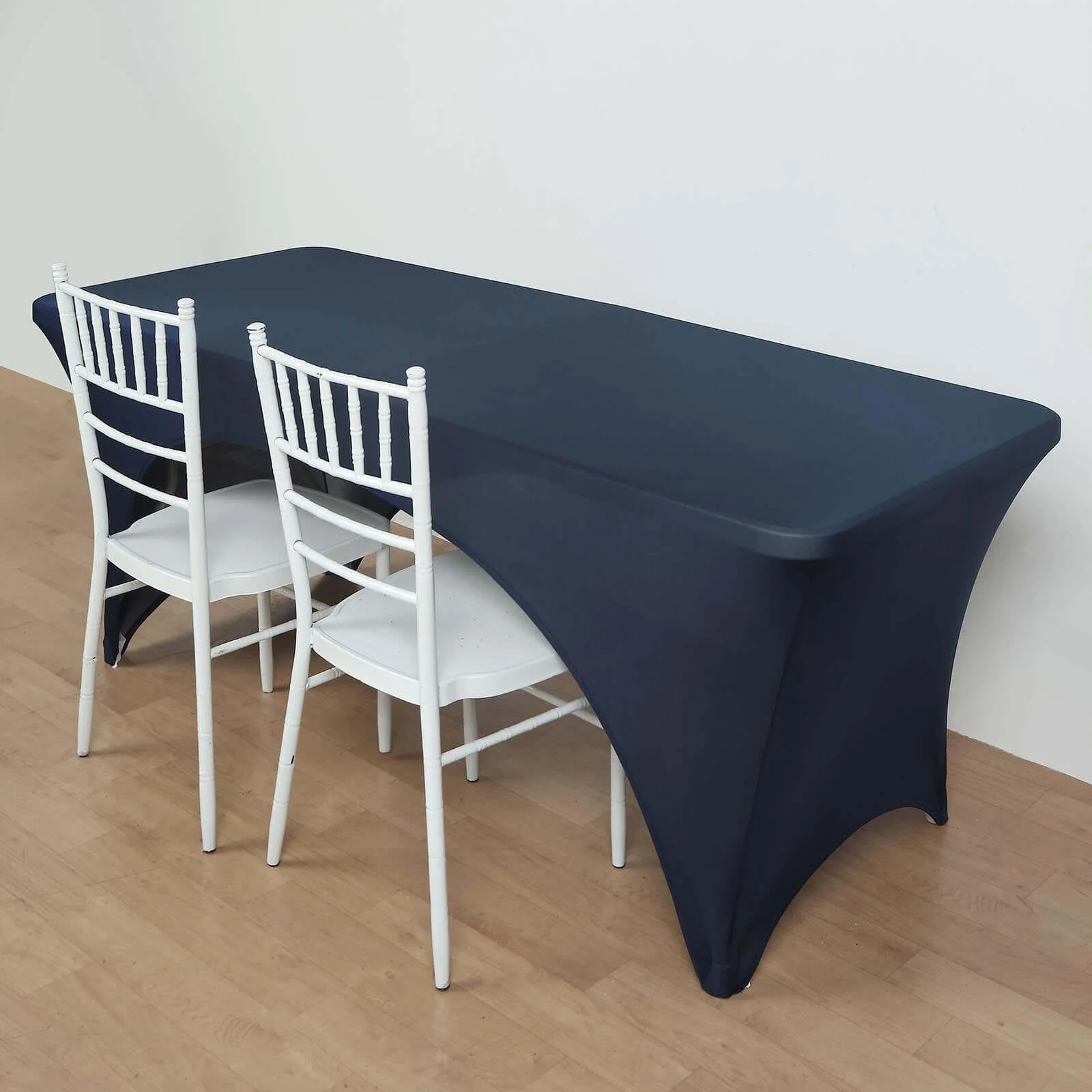 Stretch Spandex Rectangular Table Cover 72"x30" Navy Blue - Curved Open Back Fitted Tablecloth - Image 3