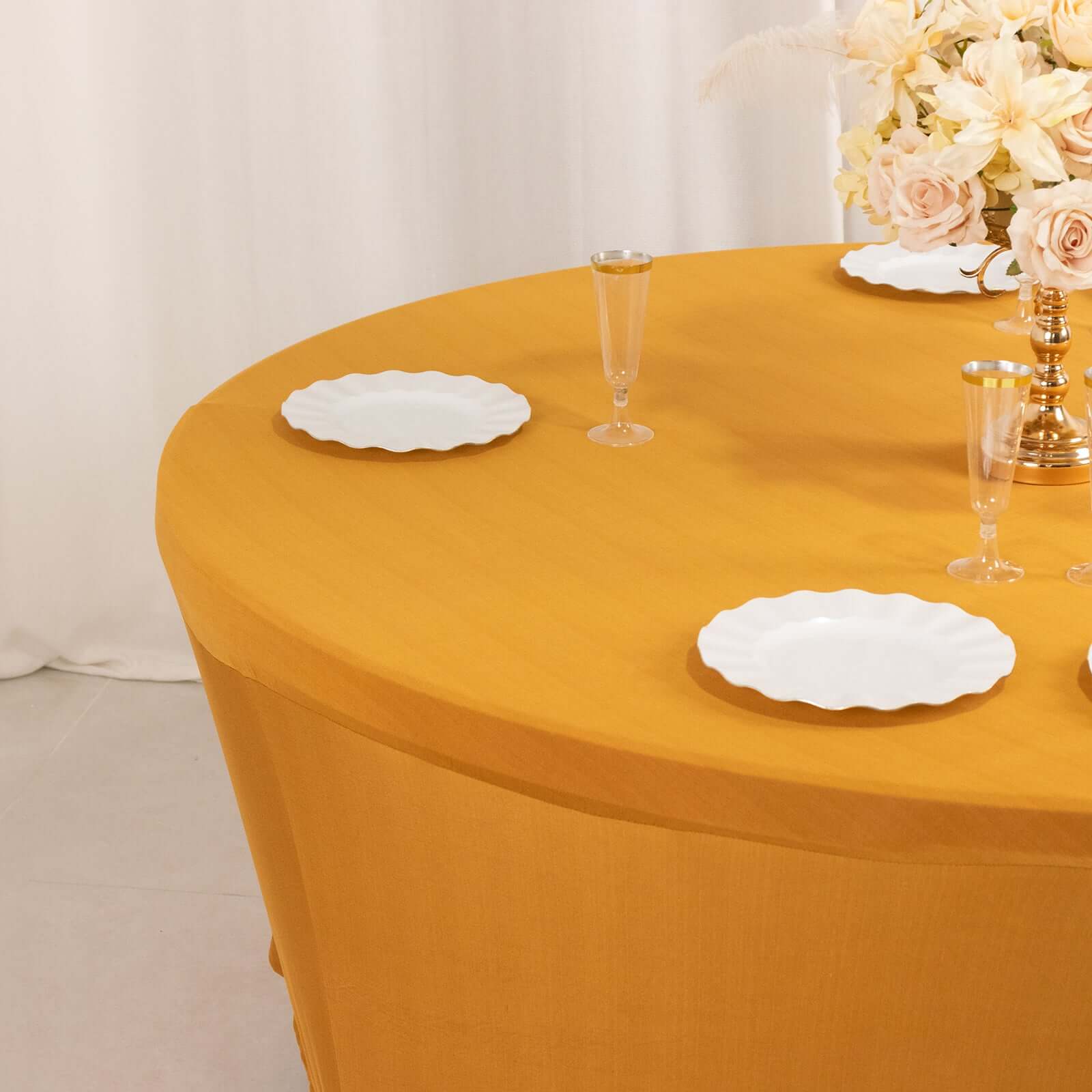 Stretch Spandex Round Tablecloth 6ft Gold - Easy to Maintain Form-Fitting Table Cover - Image 6