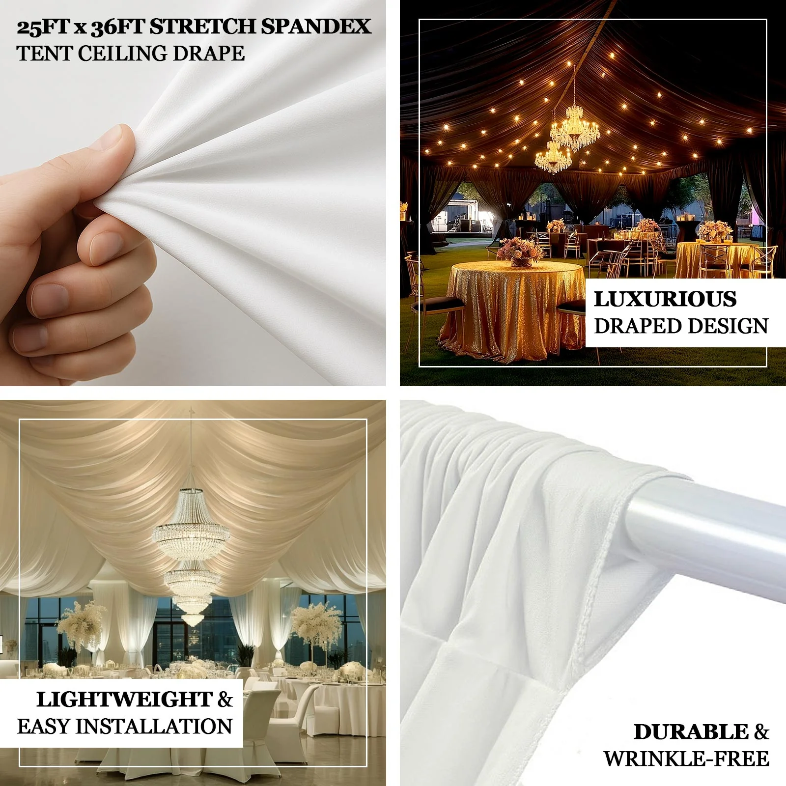 Stretch Spandex Tent Ceiling Drape – 25ft x 36ft, Ivory 180GSM Wrinkle-Free Fabric Ceiling Liner with Pole Pockets, Premium - Image 4