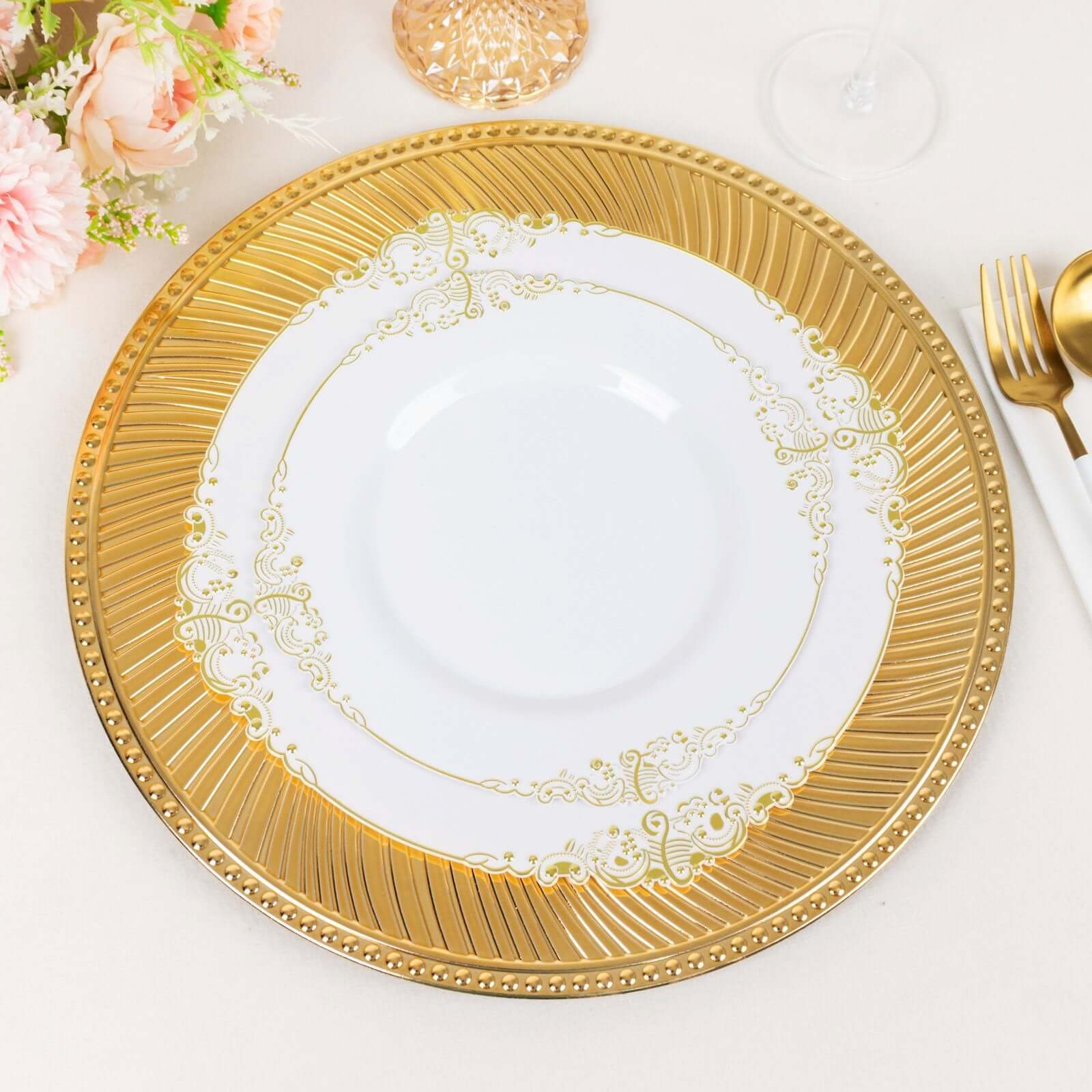 6-Pack Acrylic Charger Plates 13" Round Metallic Gold Swirl Pattern with Beaded Rim - Plastic Decorative Dinner Party Charger Tableware - Image 2