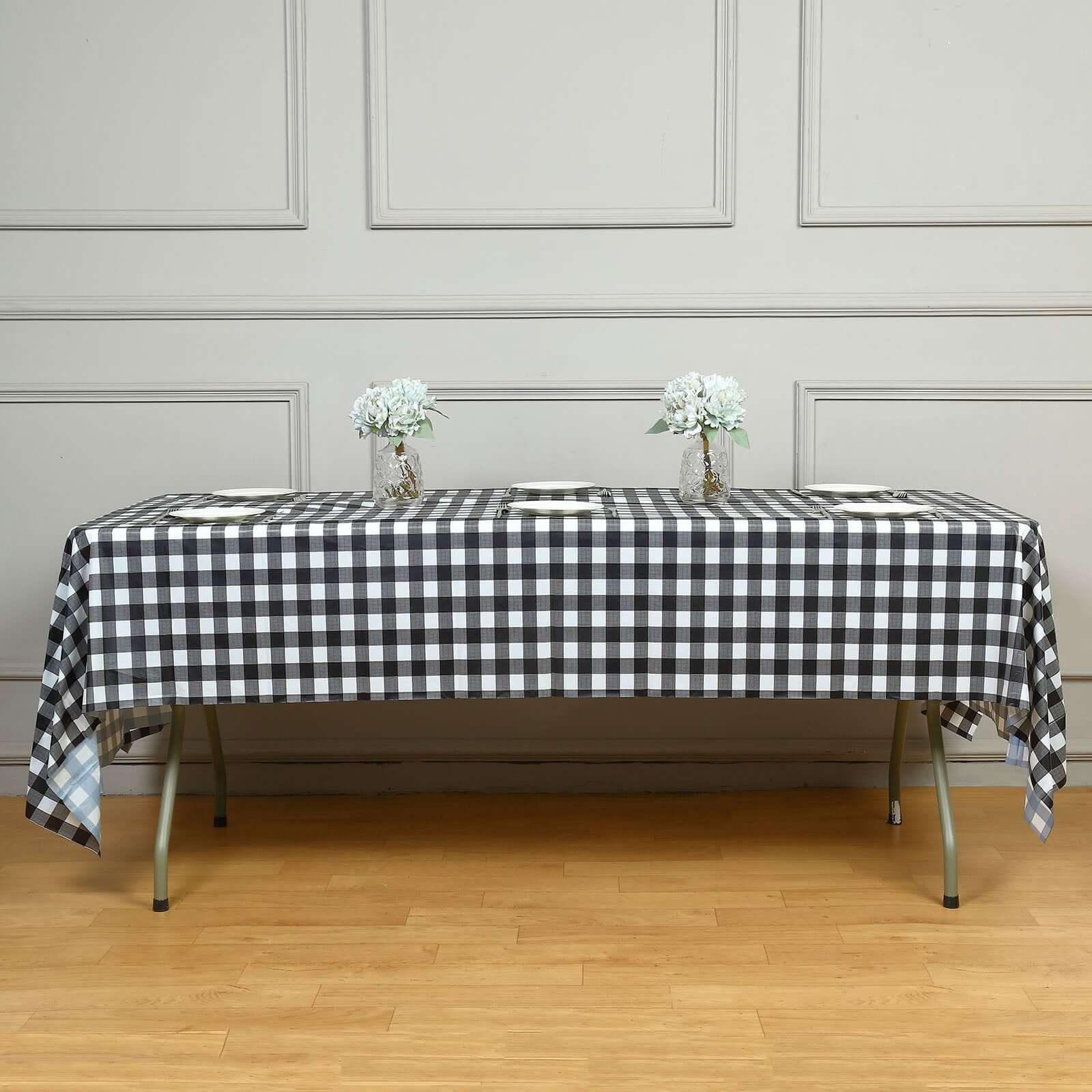 5-Pack Plastic Table Covers 54"x108" Black Checkered Rectangle - PVC Waterproof Disposable Tablecloths - Image 2
