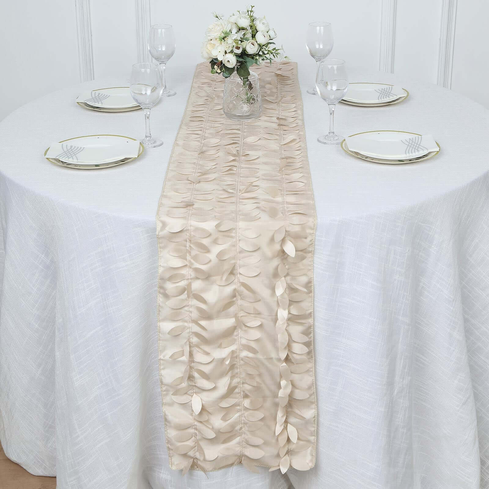 Taffeta Fabric Table Runner 12"x108" Beige - 3D Leaf Petal Table Decor - Image 6