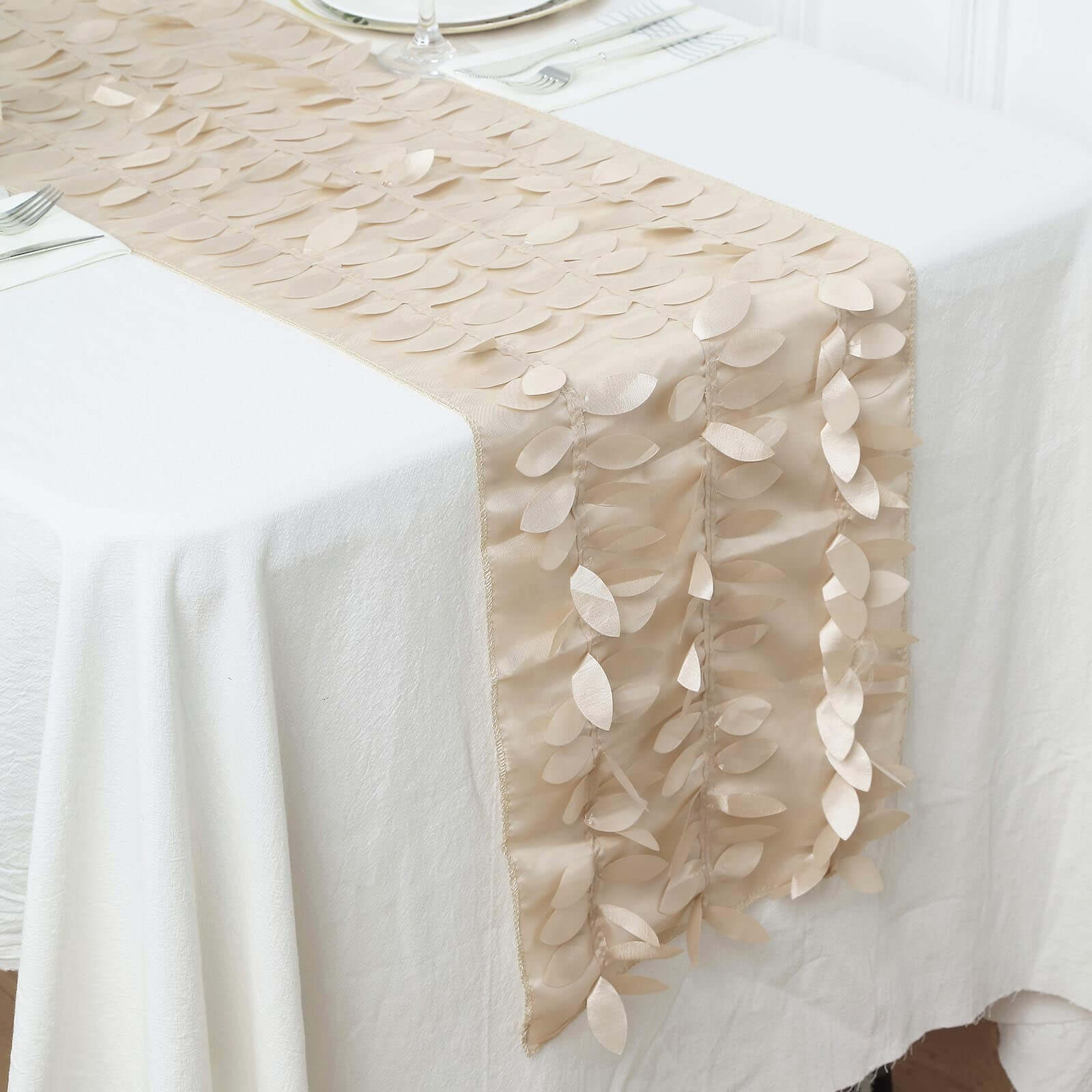 Taffeta Fabric Table Runner 12"x108" Beige - 3D Leaf Petal Table Decor - Image 9